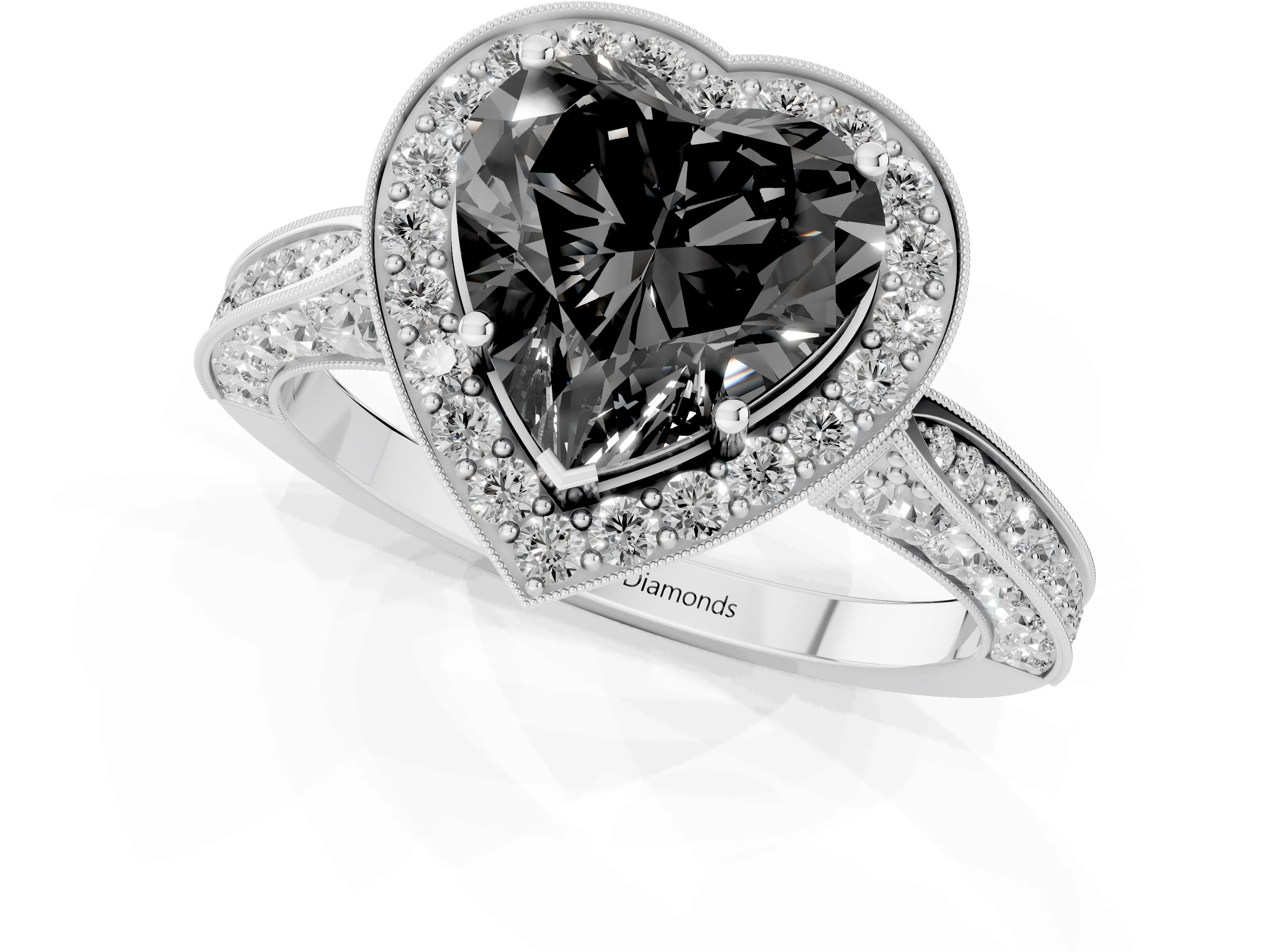 Fancy Black Heart Cut Diamond Halo Engagement Ring Set in Silver with Accent Split Shank Band