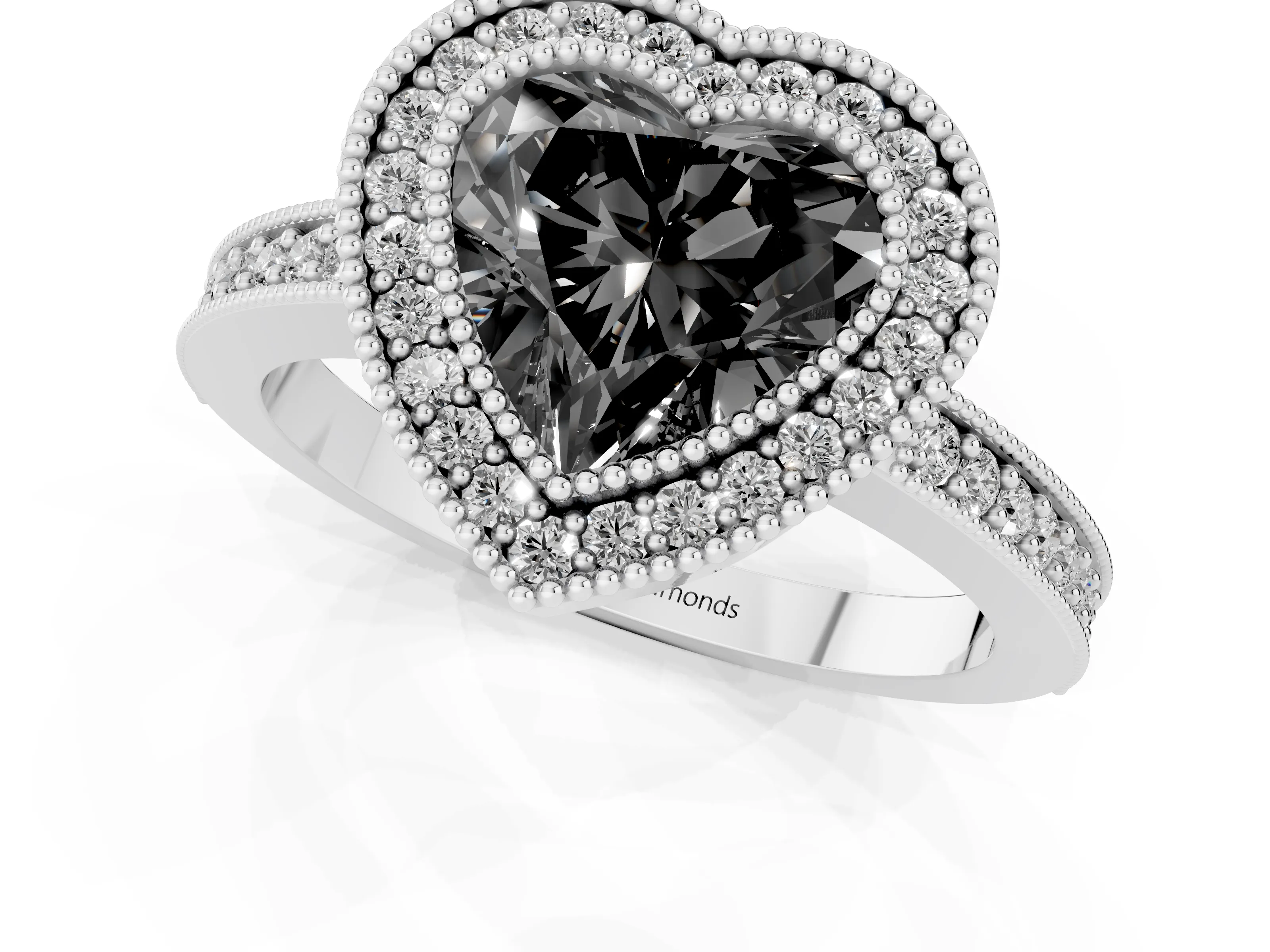 Fancy Black Heart Cut Diamond Halo Engagement Ring Set in Platinum with Pavé Band and Round Halo Stones