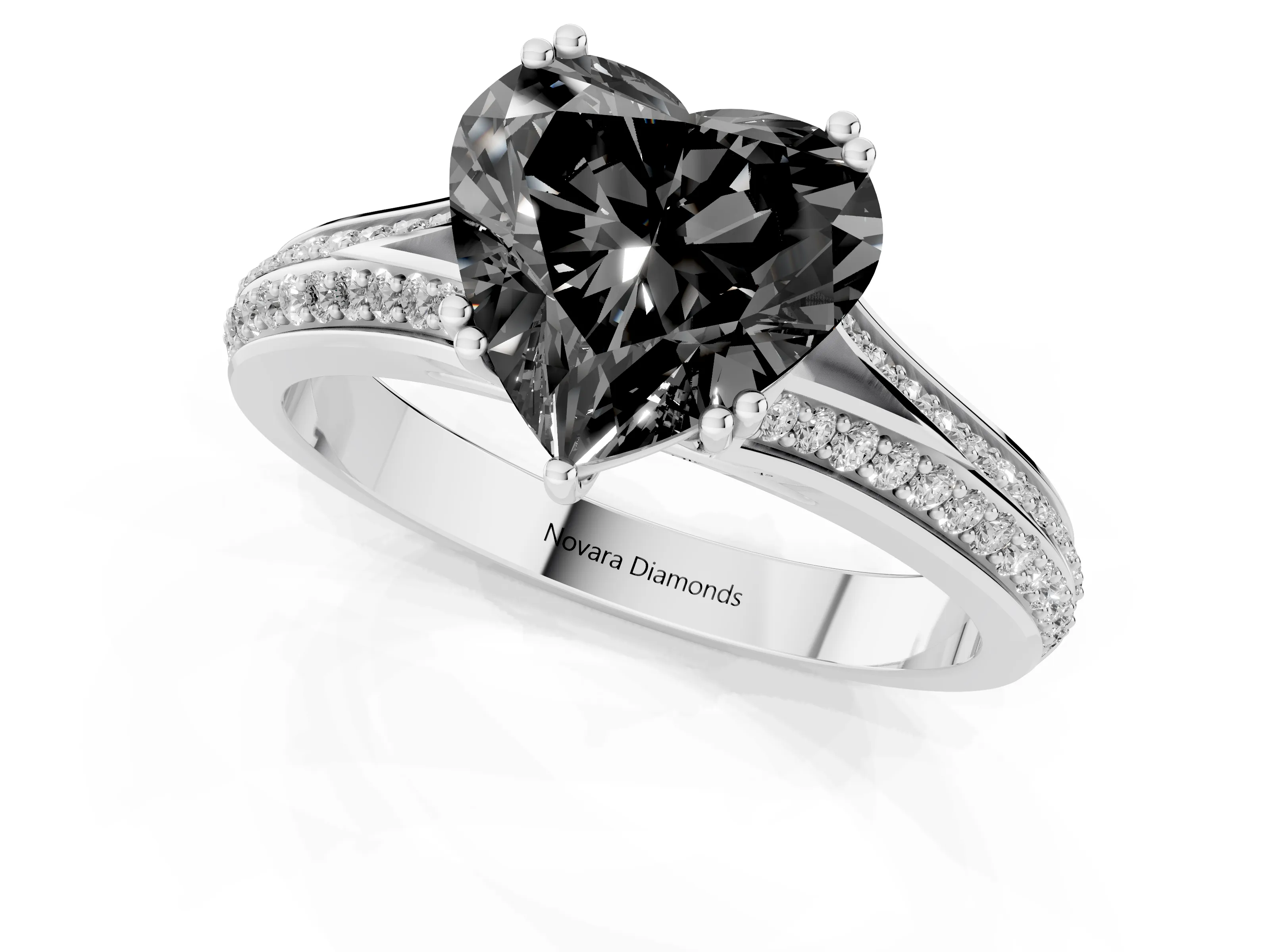 Fancy Black Heart Cut Diamond Split Shank Pavé Engagement Ring Set in White gold with Prong-Set Center Stone