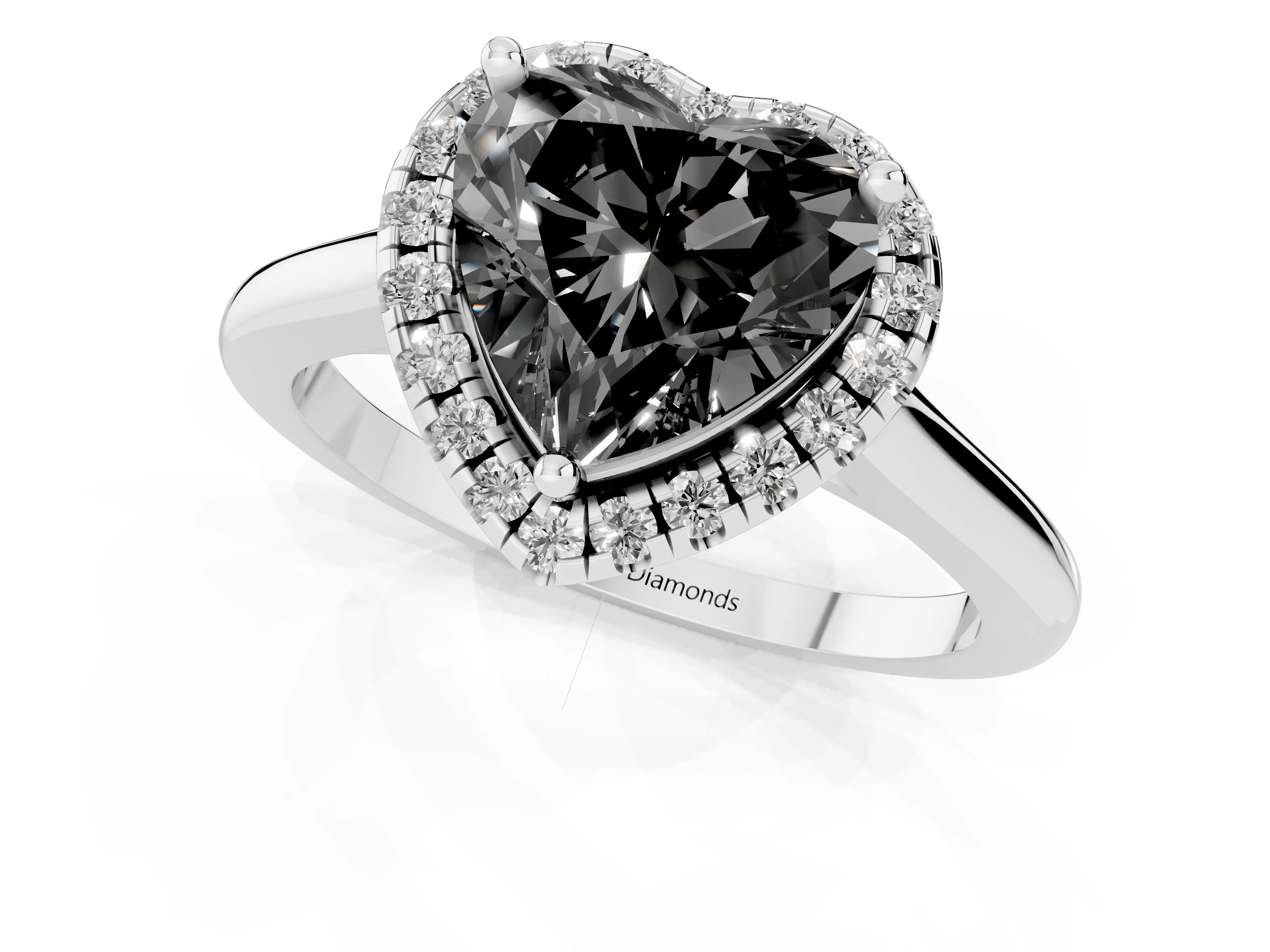 Fancy Black Heart Cut Diamond Halo Engagement Ring Set in White gold with Pavé Band and Rising Shoulders