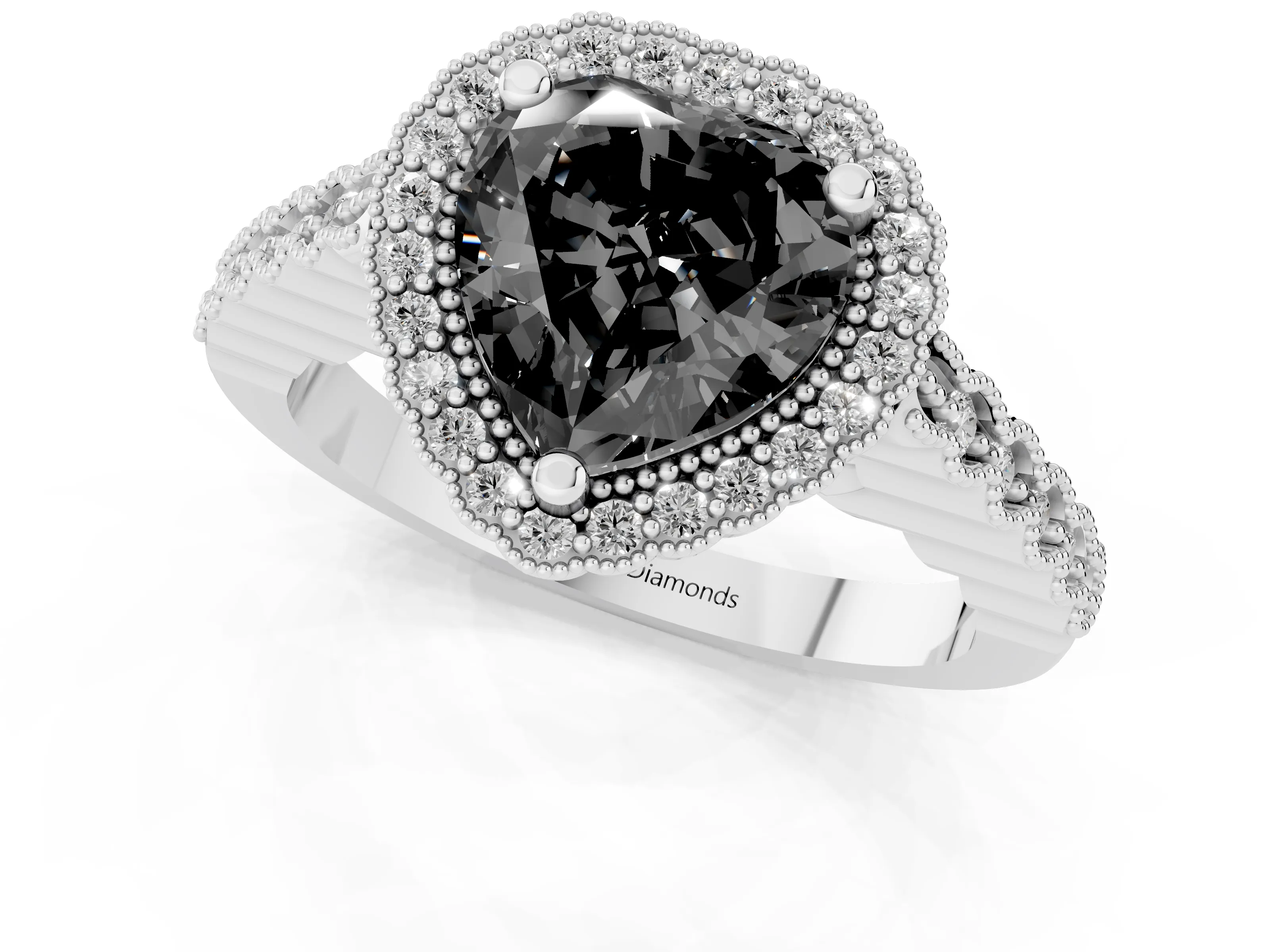 Fancy Black Heart Cut Diamond Halo Ring Set in Platinum with Pavé Milgrain Band