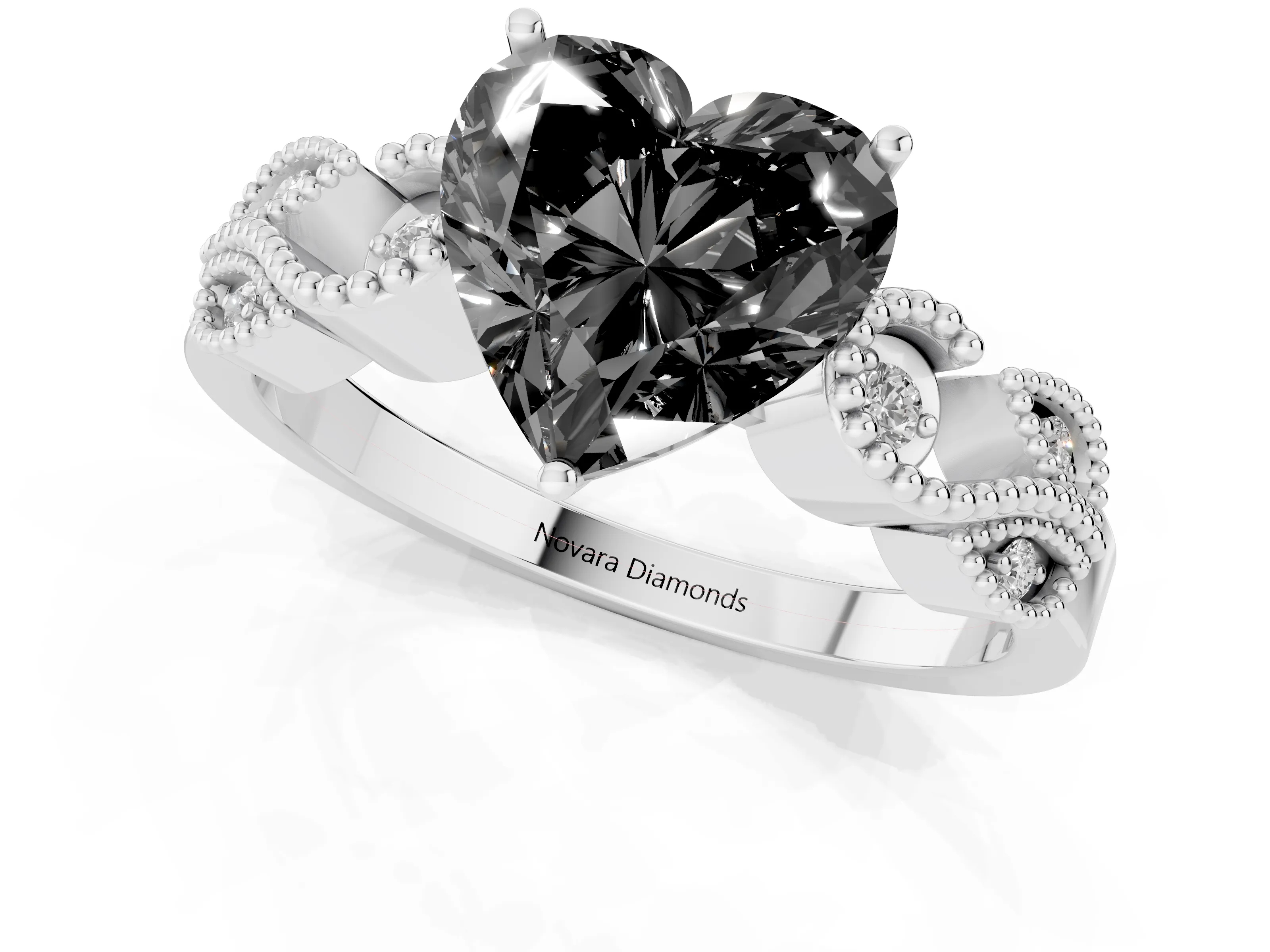 Fancy Black Heart Cut Diamond Milgrain Leaf Band Solitaire Ring Set in Silver with Accent Stones and Prong Setting