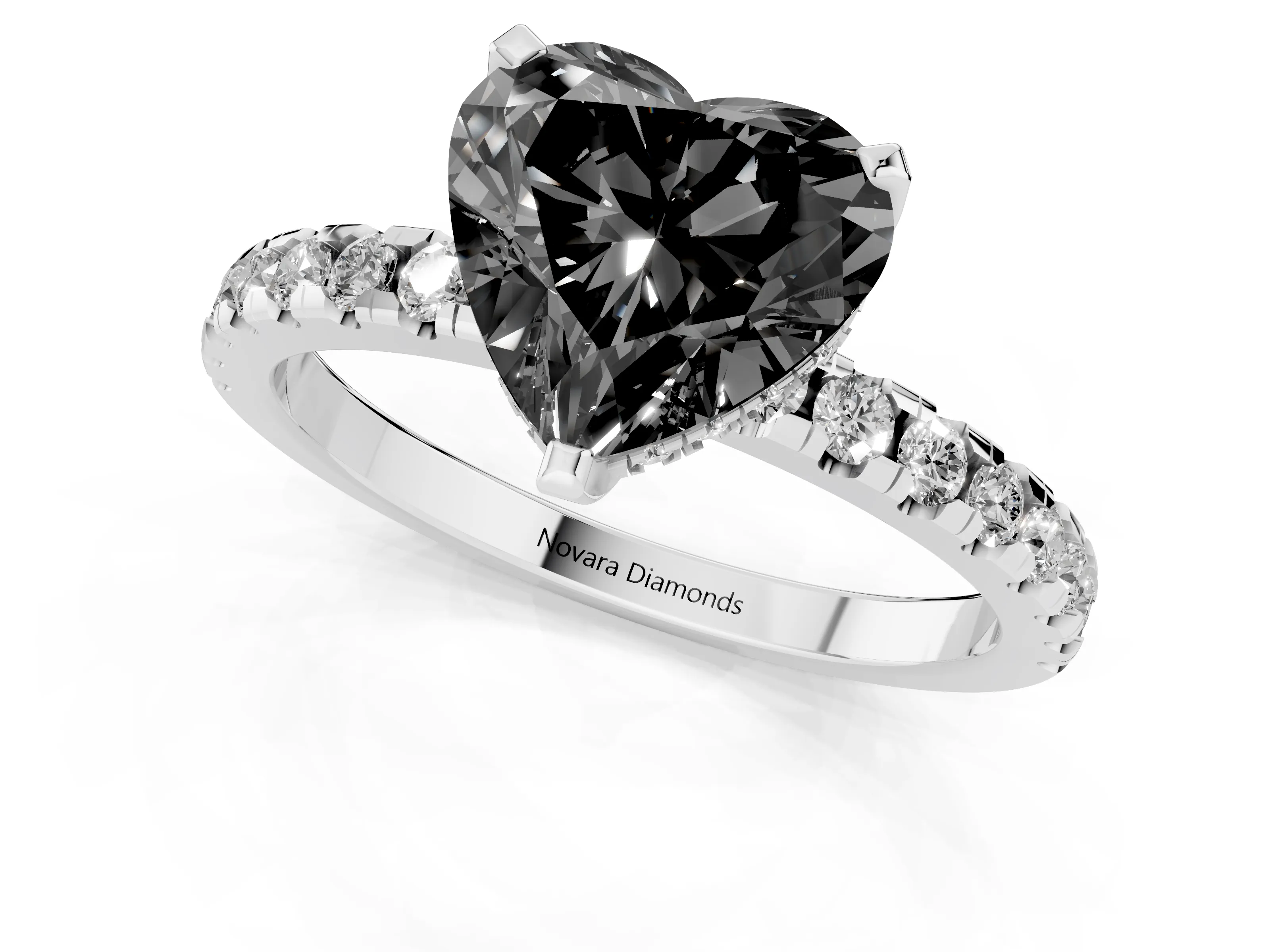 Fancy Black Heart Cut Diamond Pavé Solitaire Ring Set in White gold with Round Band Accents and Prong Setting