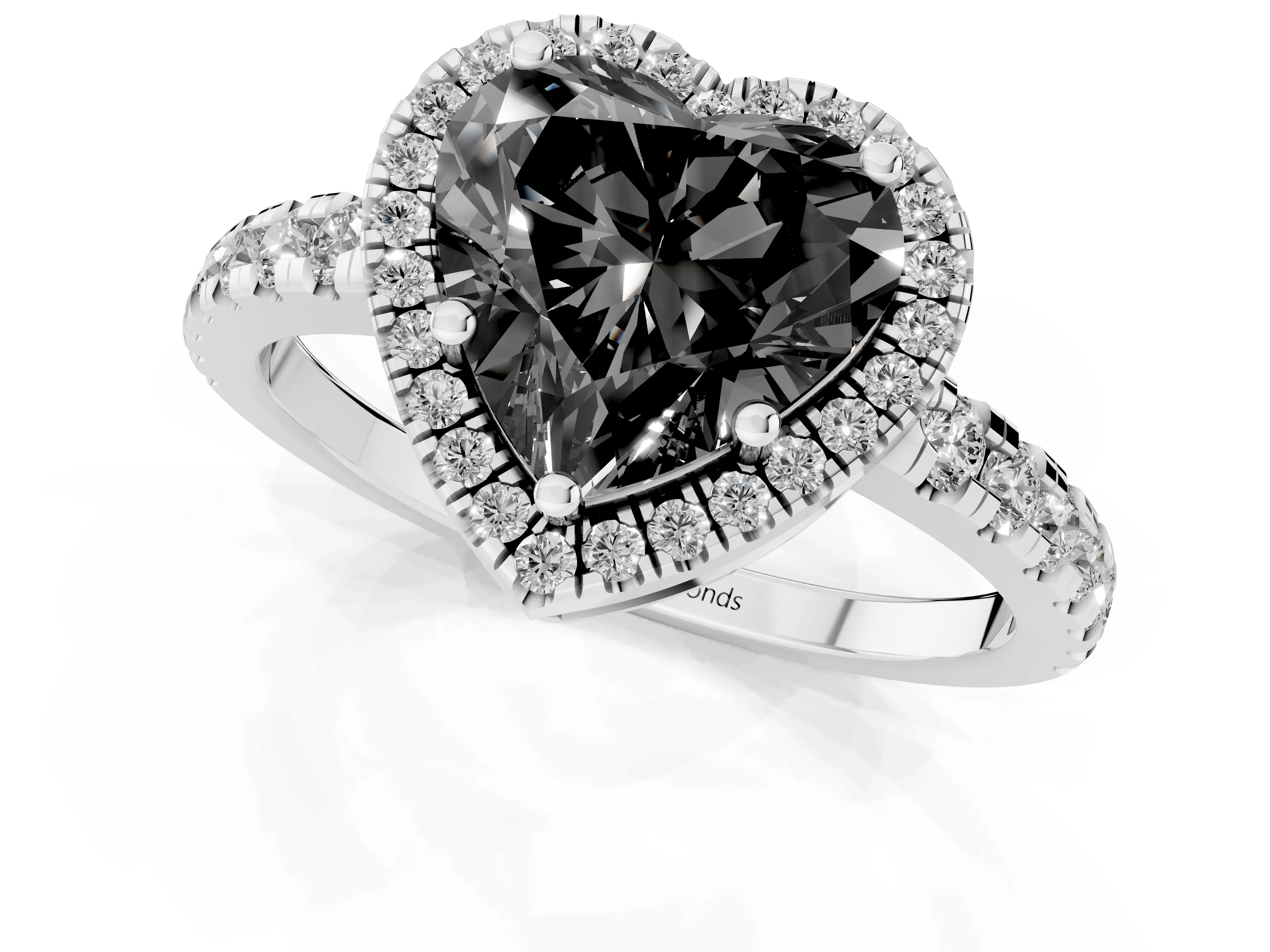 Fancy Black Heart Cut Diamond Halo Ring Set in Silver with Delicate Pavé Band and Prong Setting