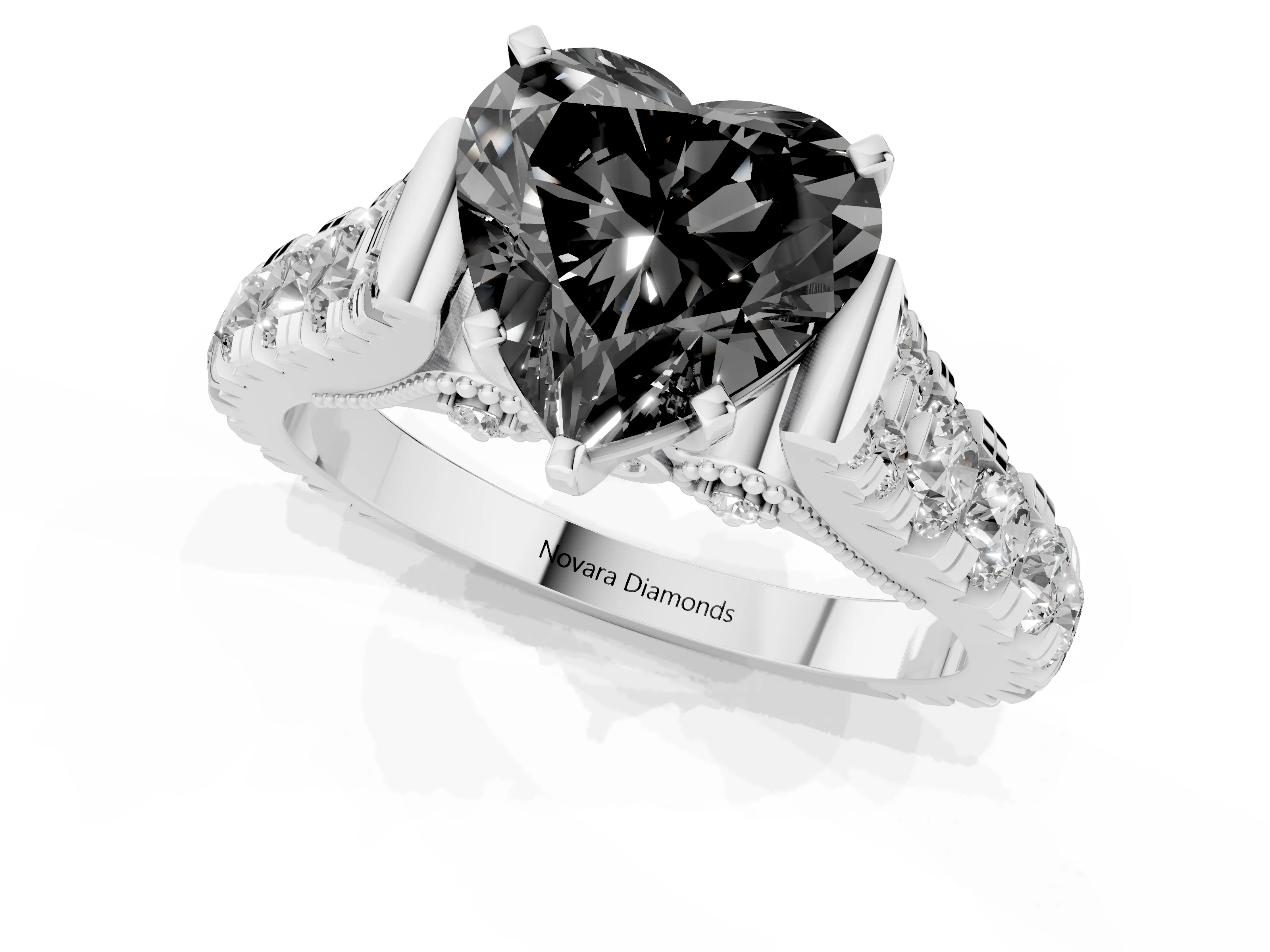 Fancy Black Heart Cut Diamond Classic Solitaire Ring Set in White gold with Pavé Band and Prong Setting