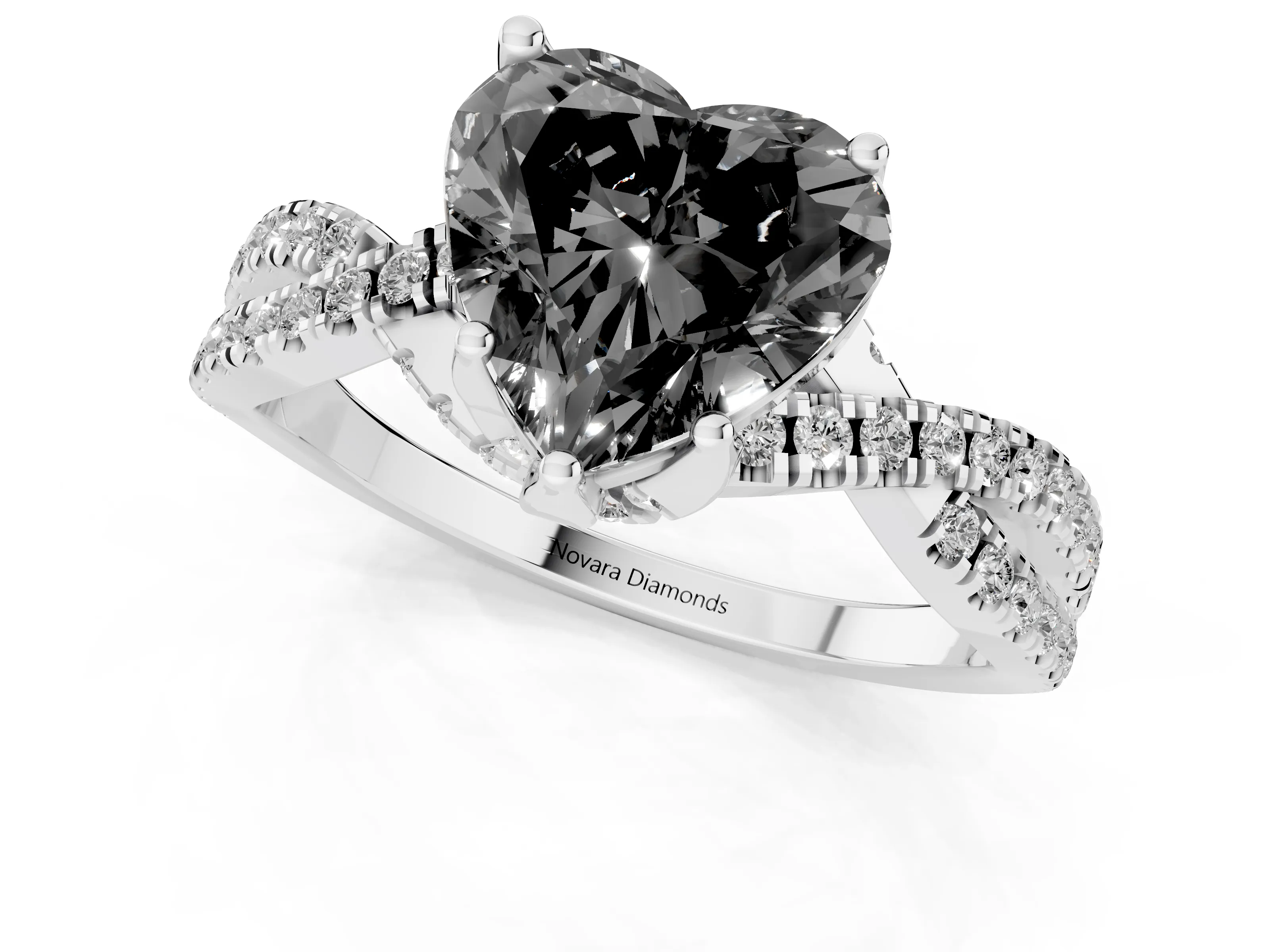 Fancy Black Heart Cut Diamond Twist Pavé Solitaire Engagement Ring Set in Silver with Prong Setting