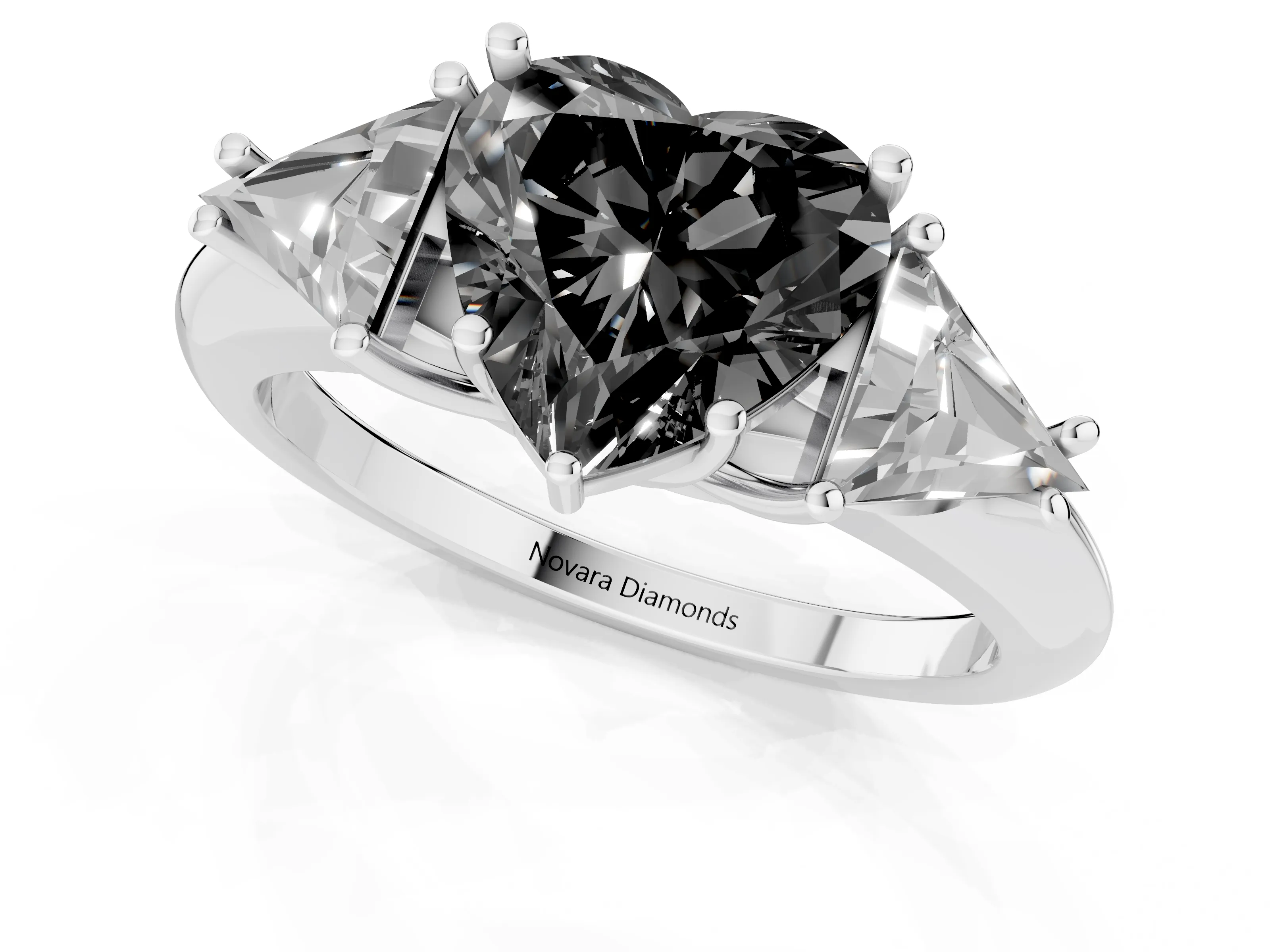 Fancy Black Heart Cut Diamond Three-Stone Engagement Ring Set in Silver with Trillion Side Stones