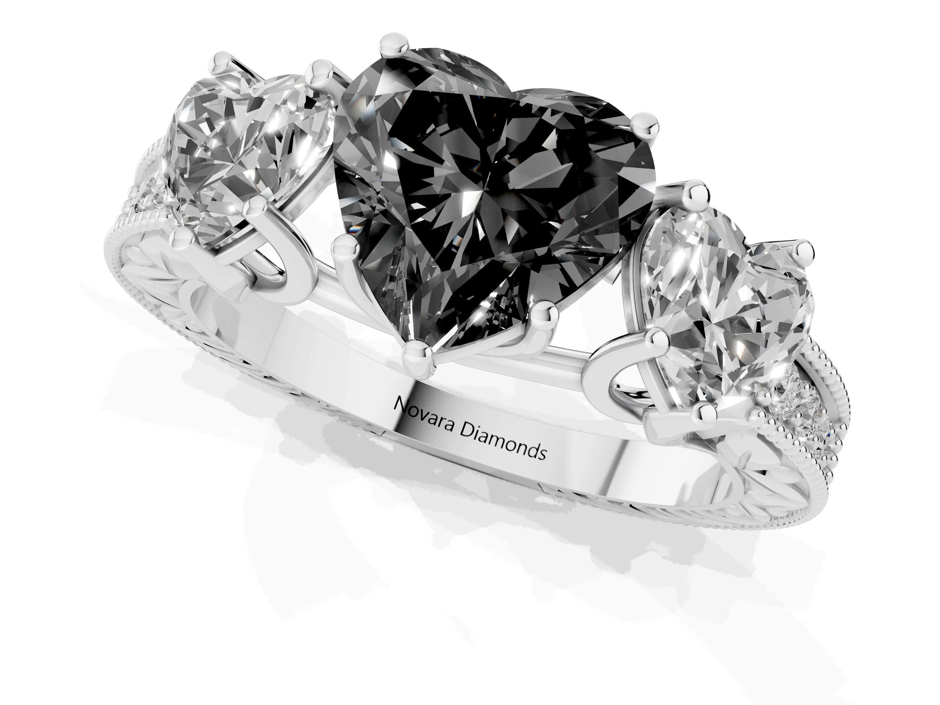 Fancy Black Heart Cut Diamond Three-Stone Engagement Ring Set in Silver with Milgrain Pavé Band