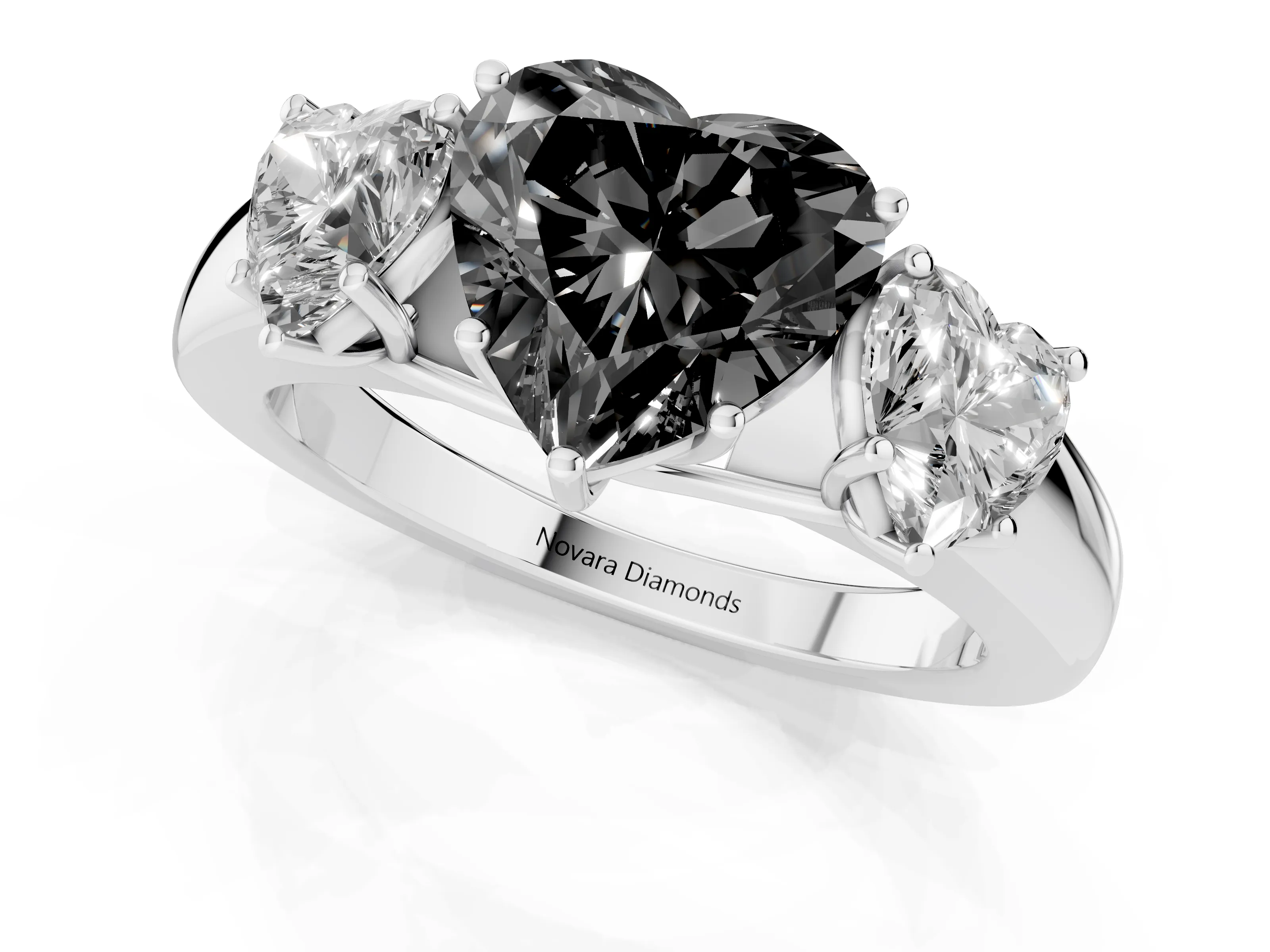 Fancy Black Three-Stone Heart Cut Diamond Ring Set in Silver with Matching Prong Settings and Plain Band