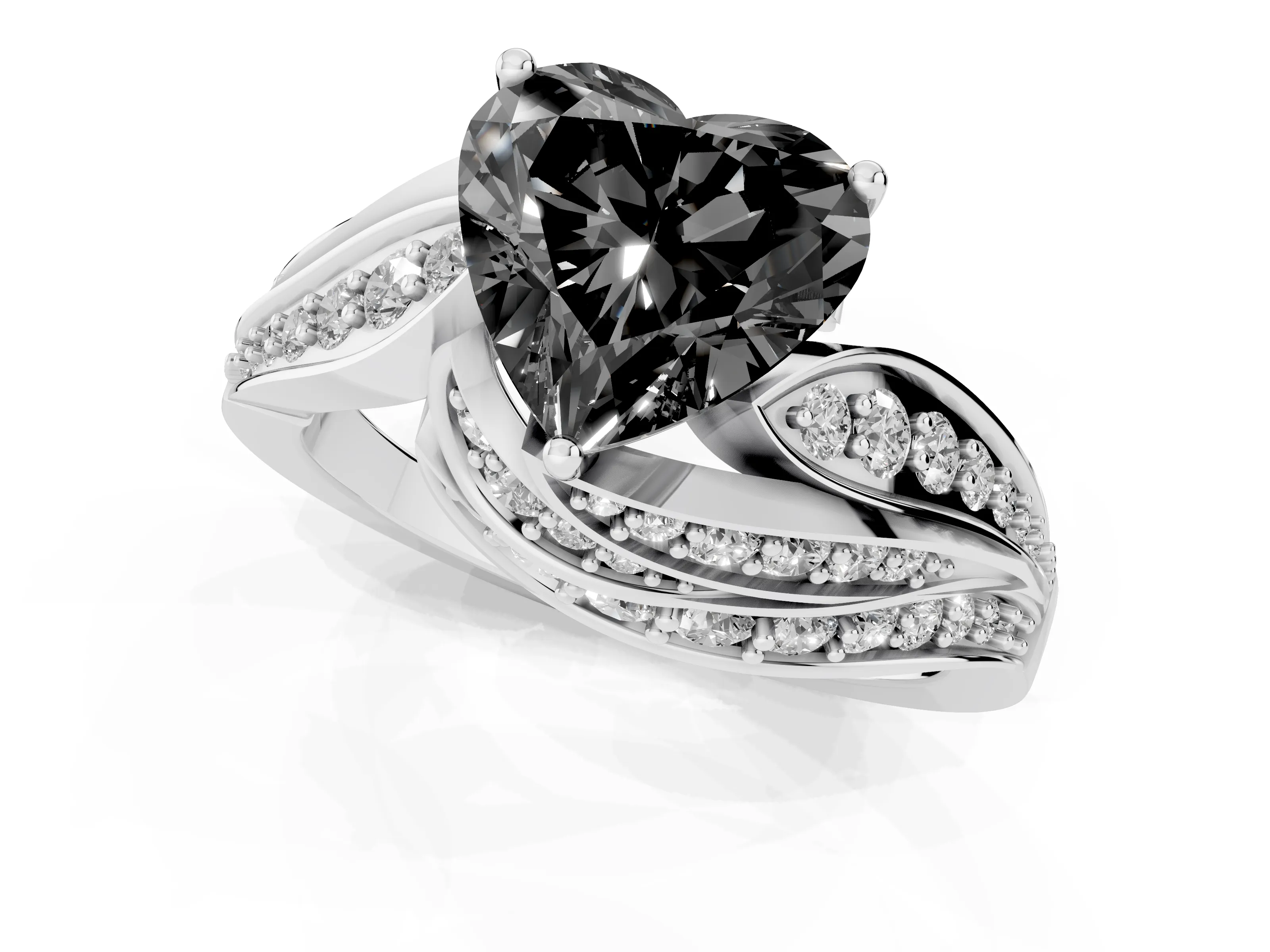 Fancy Black Heart Cut Diamond Solitaire Ring Set in Silver with Layered Twist Pavé Band