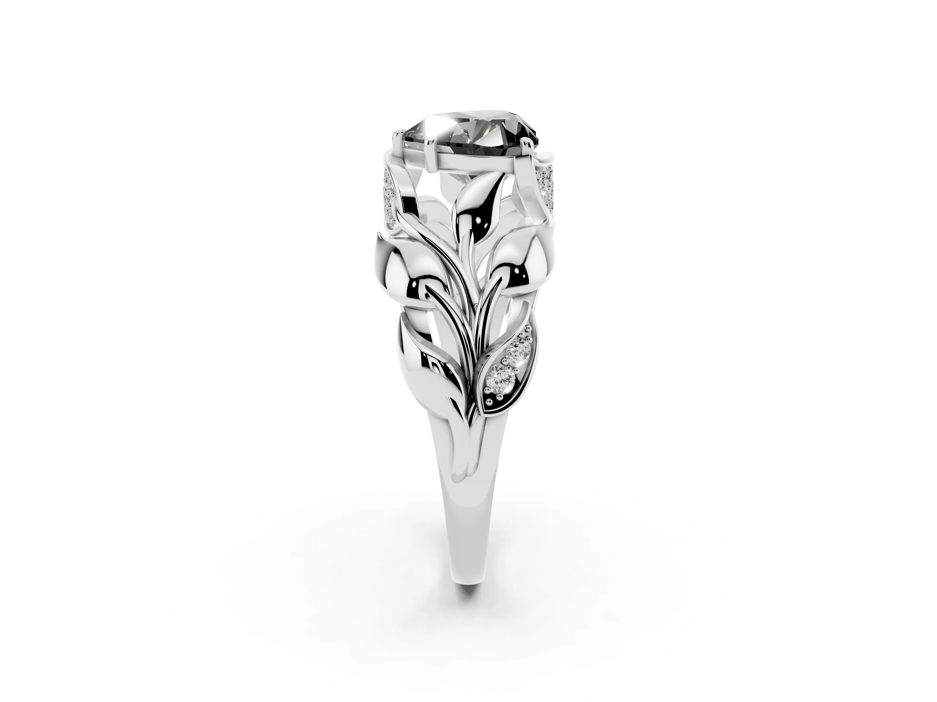 Fancy Black Heart Cut Diamond Leaf-Inspired Engagement Ring Set in Silver with Round Accents