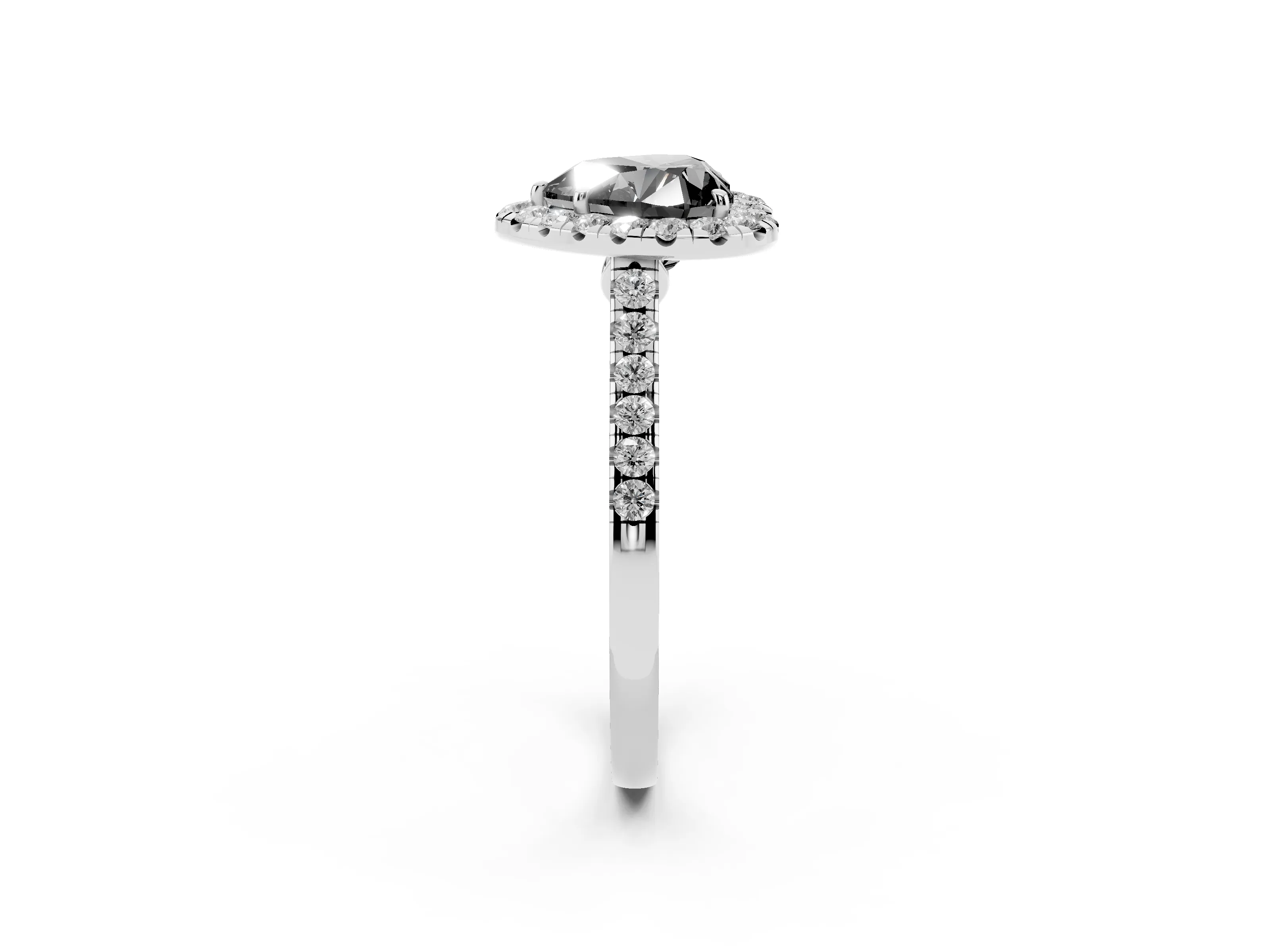 Fancy Black Heart Cut Diamond Halo Pavé Engagement Ring Set in White gold with Prong Setting
