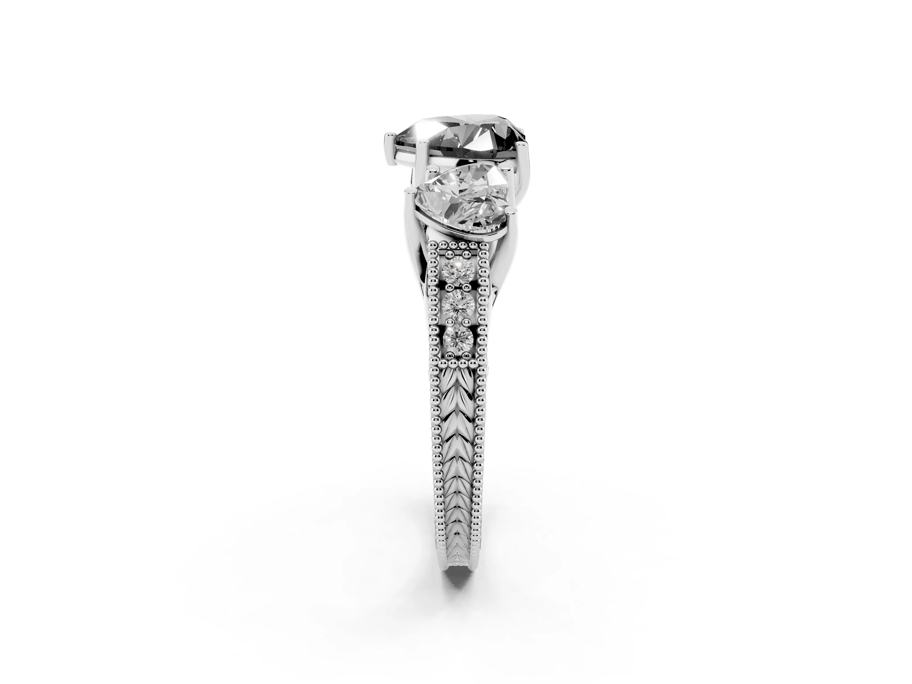 Fancy Black Heart Cut Diamond Three-Stone Engagement Ring Set in Silver with Milgrain Pavé Band