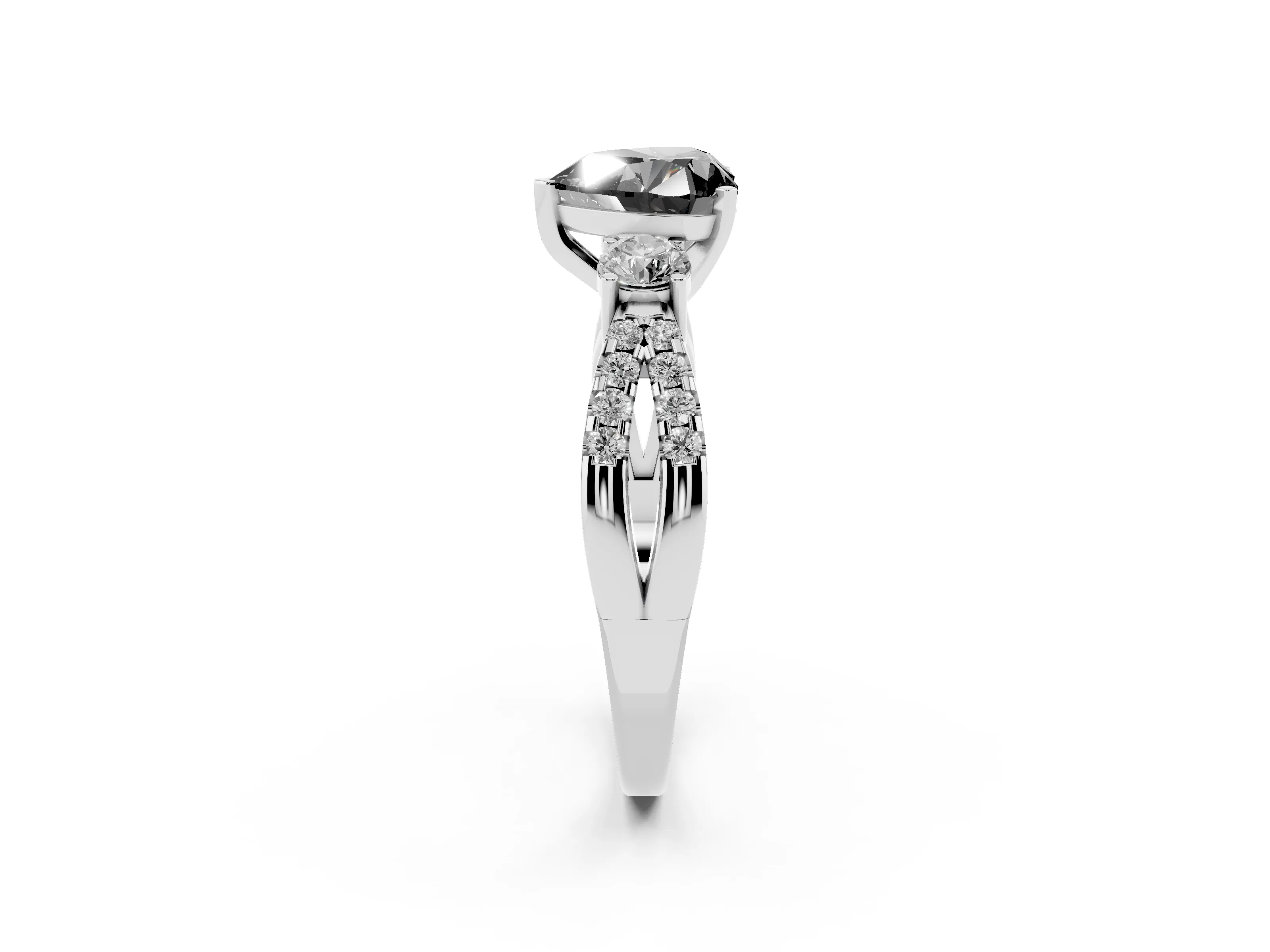 Fancy Black Heart Cut Diamond Three-Stone Ring Set in White gold with Pavé Split Shank and Prong Setting