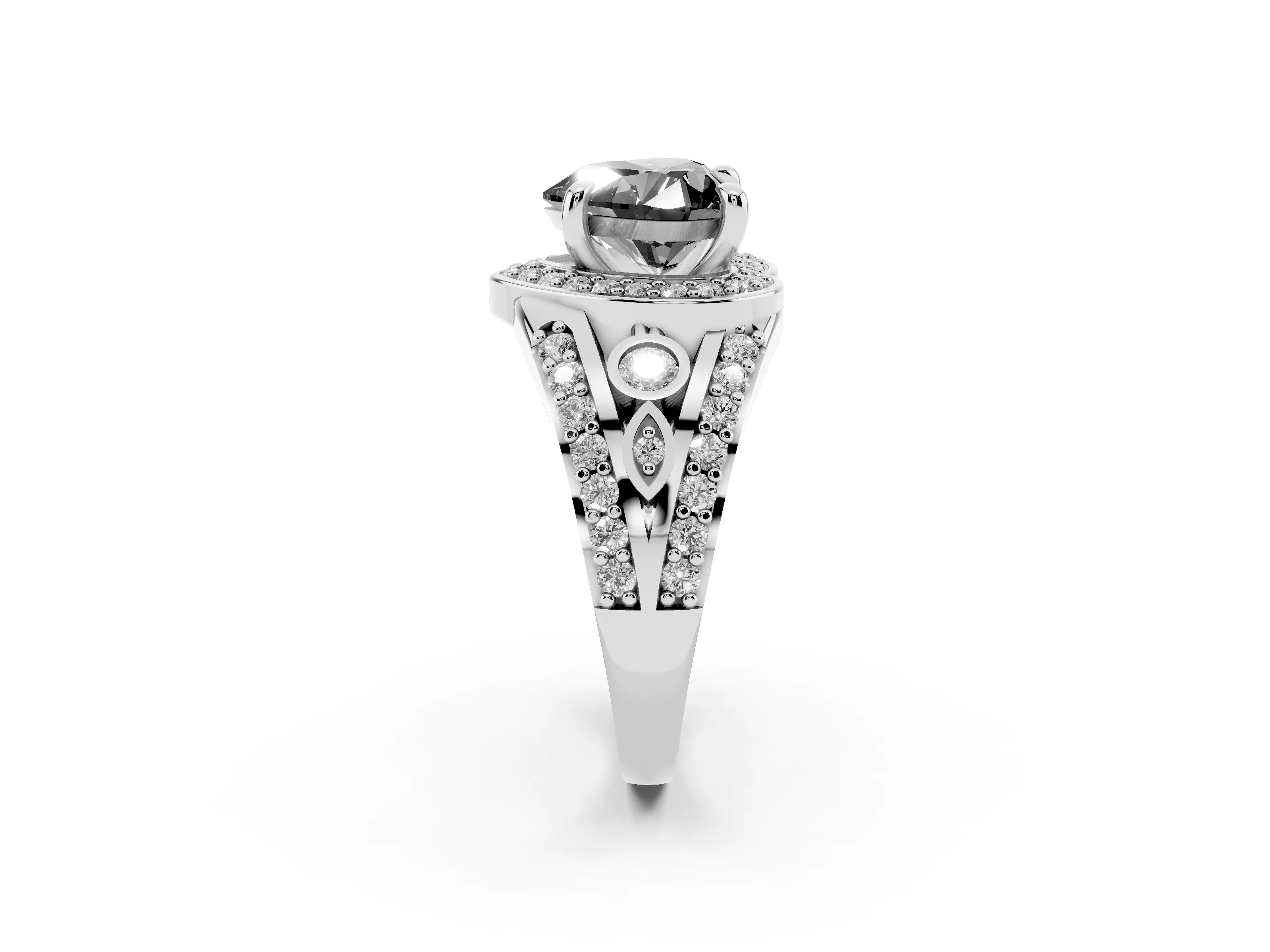 Fancy Black Heart Cut Diamond Halo Ring Set in White gold with Pavé Split Shank and Bezel Accents