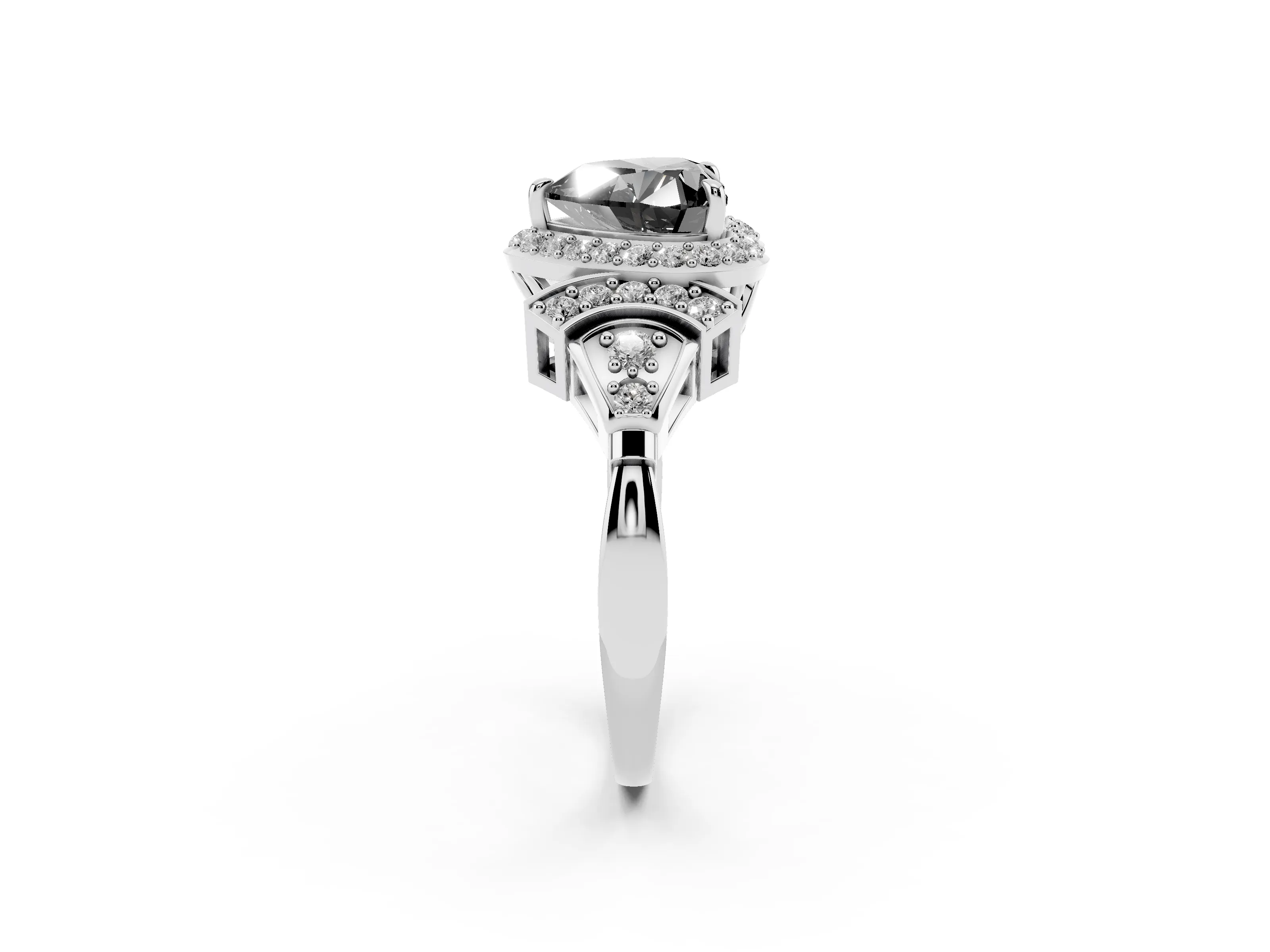 Fancy Black Heart Cut Diamond Halo Engagement Ring Set in White gold with Accent Stone Split Shank