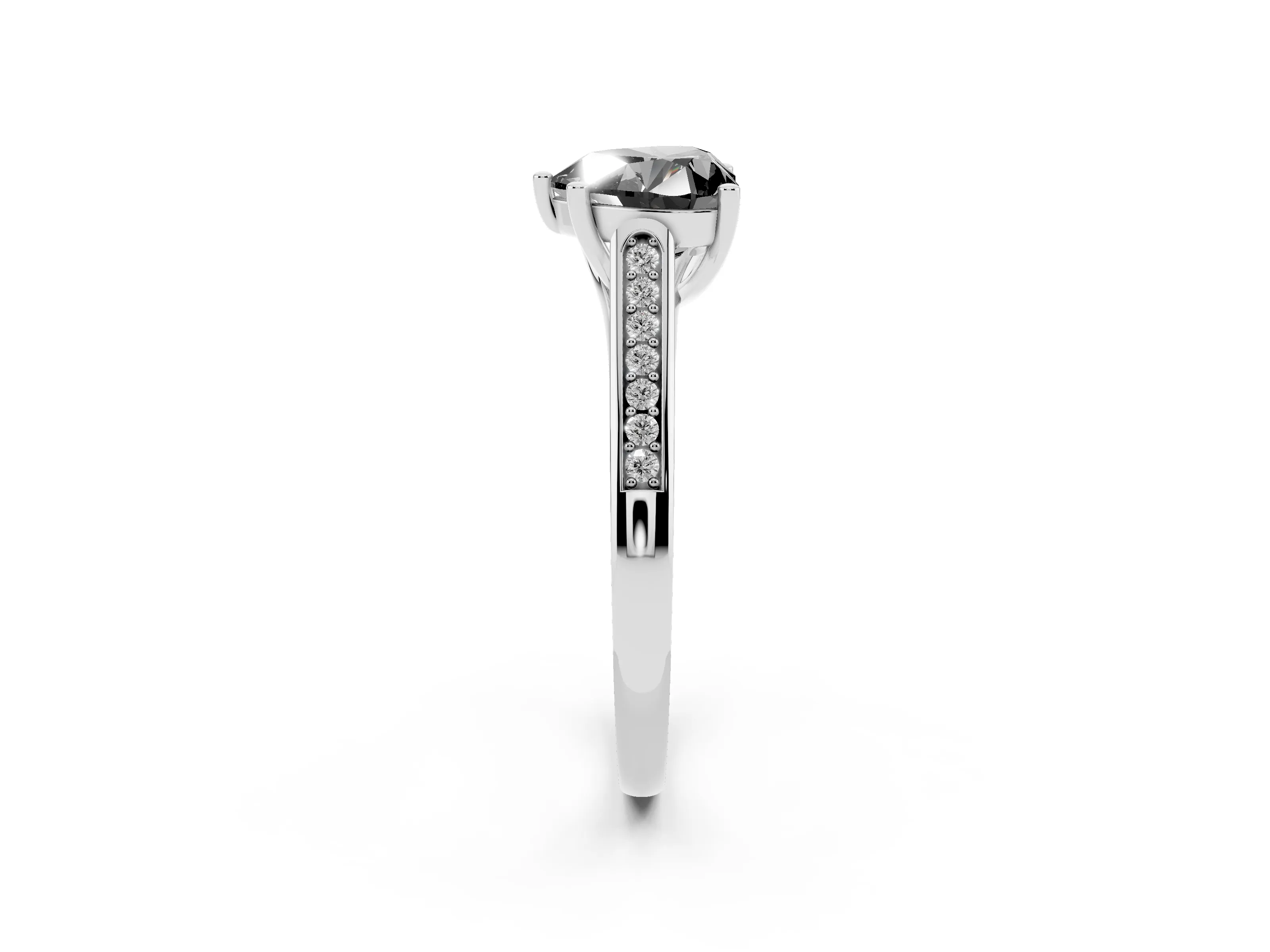 Fancy Black Heart Cut Diamond Solitaire Cathedral Engagement Ring Set in White gold with Channel-Set Band and Prong Setting