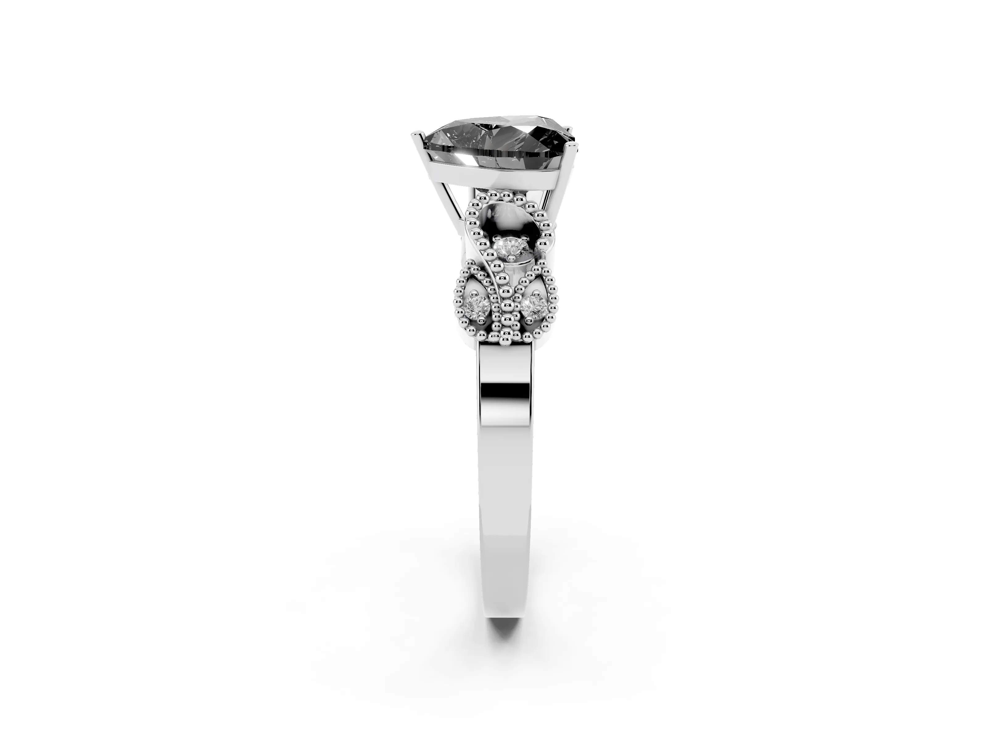 Fancy Black Heart Cut Diamond Milgrain Leaf Band Solitaire Ring Set in Silver with Accent Stones and Prong Setting