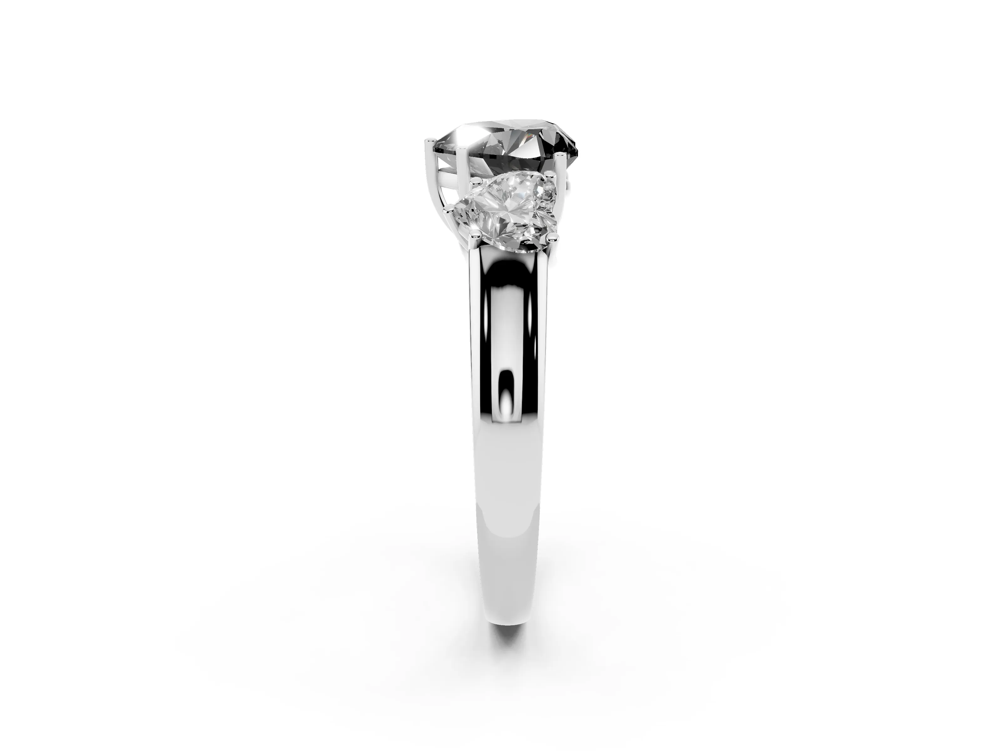 Fancy Black Three-Stone Heart Cut Diamond Ring Set in Silver with Matching Prong Settings and Plain Band