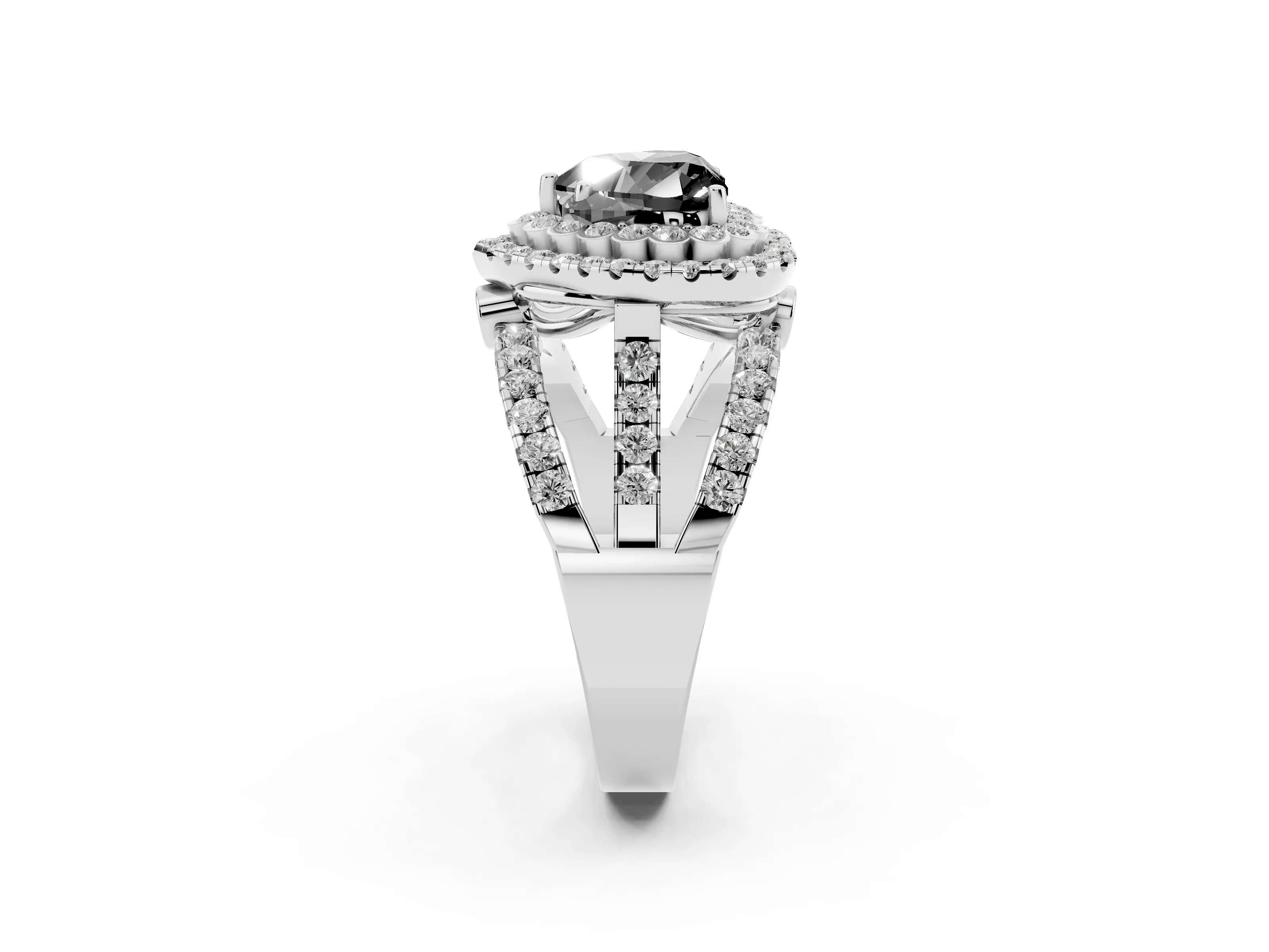 Fancy Black Heart Cut Diamond Double Halo Ring Set in White gold with Round Pavé Split Shank