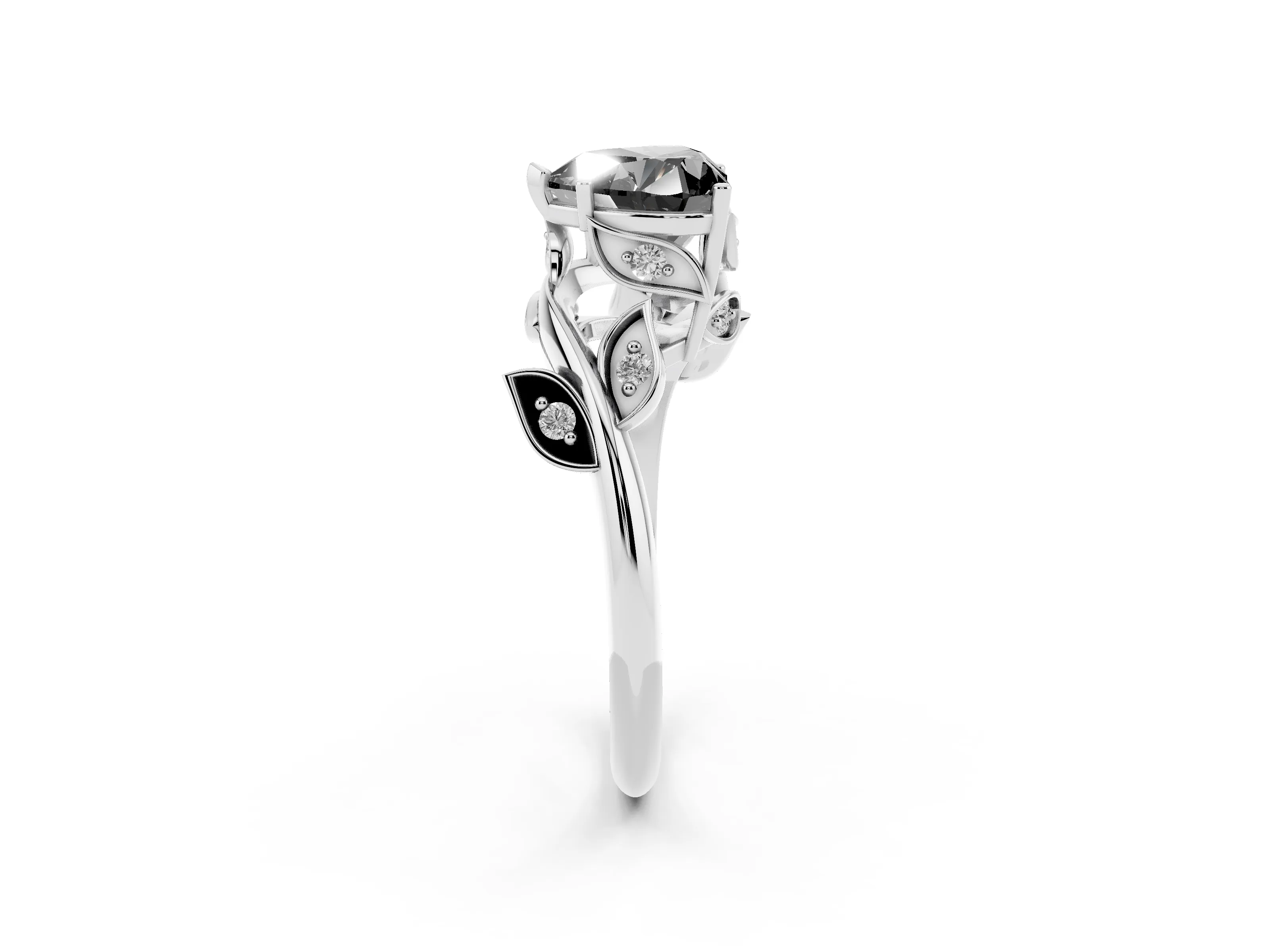 Fancy Black Heart Cut Diamond Solitaire Twist Engagement Ring Set in Platinum with Pavé Leaf Accents