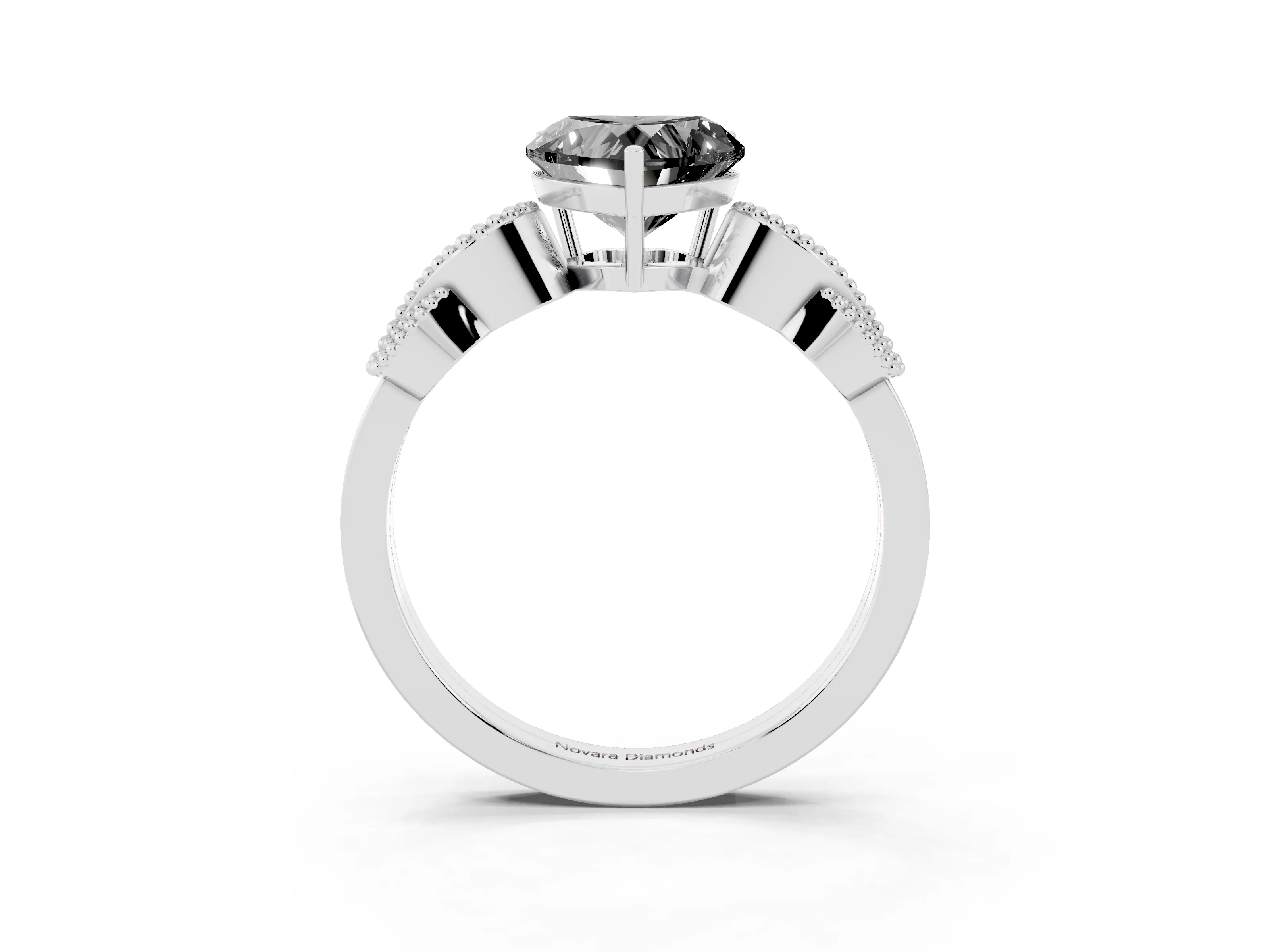 Fancy Black Heart Cut Diamond Milgrain Leaf Band Solitaire Ring Set in Silver with Accent Stones and Prong Setting