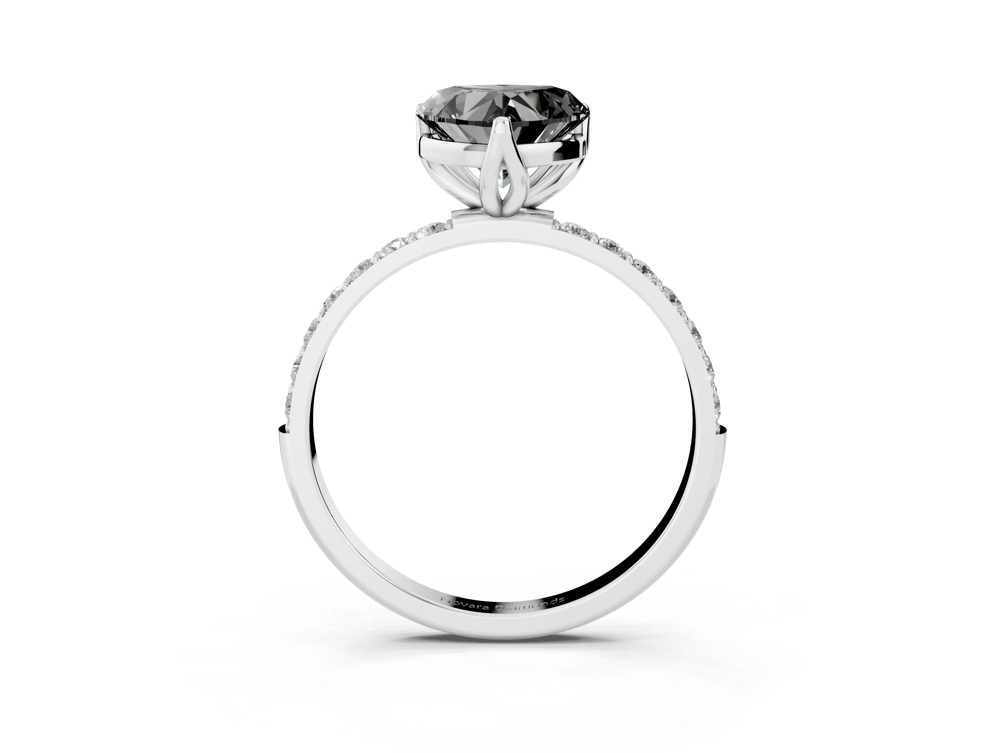 Fancy Black Heart Cut Diamond Solitaire Engagement Ring Set in White gold with Round Pavé Band and Prong Setting