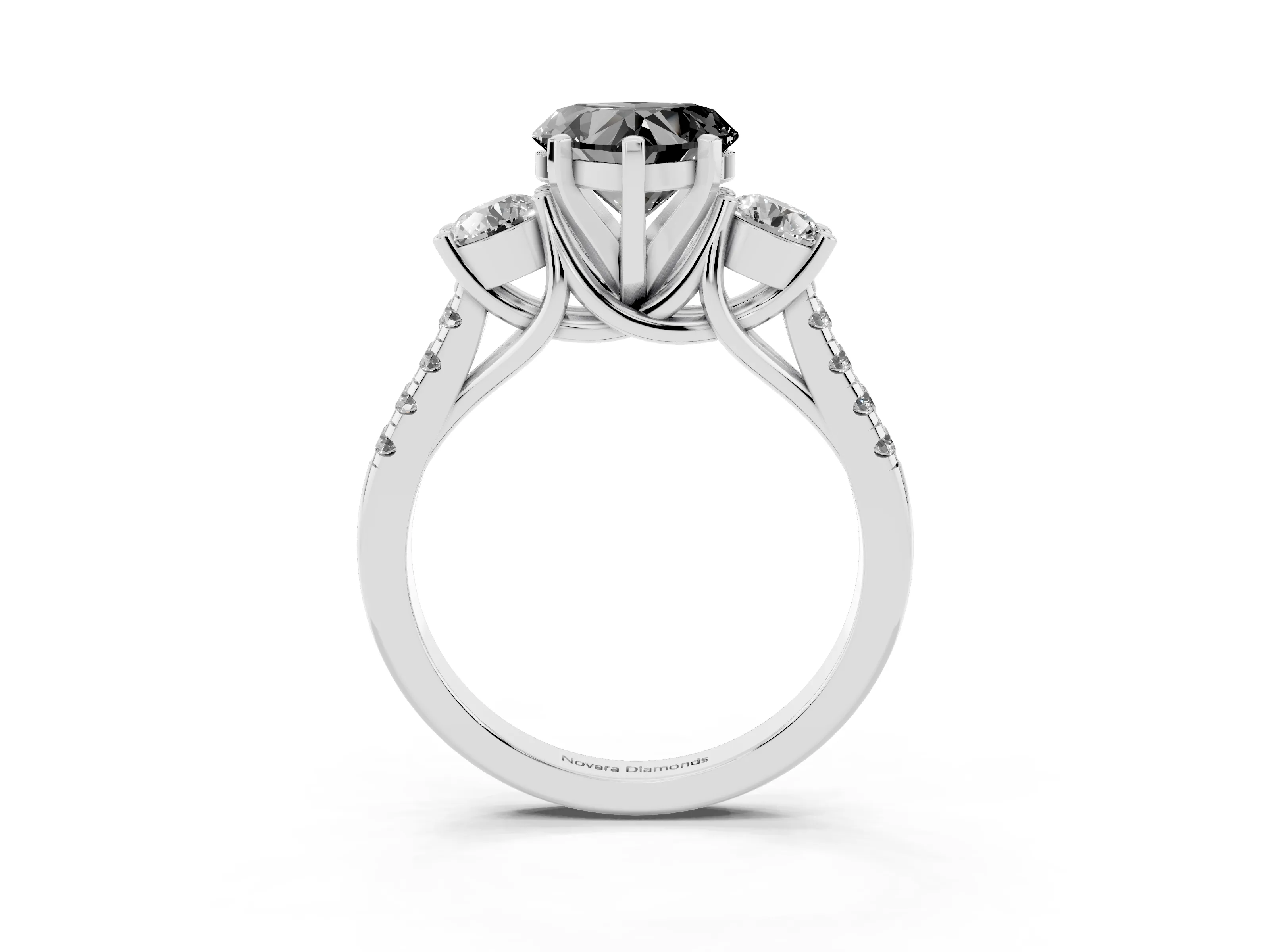 Fancy Black Three-Stone Heart Cut Diamond Pavé Band Ring Set in White gold with Prong-Set Trio