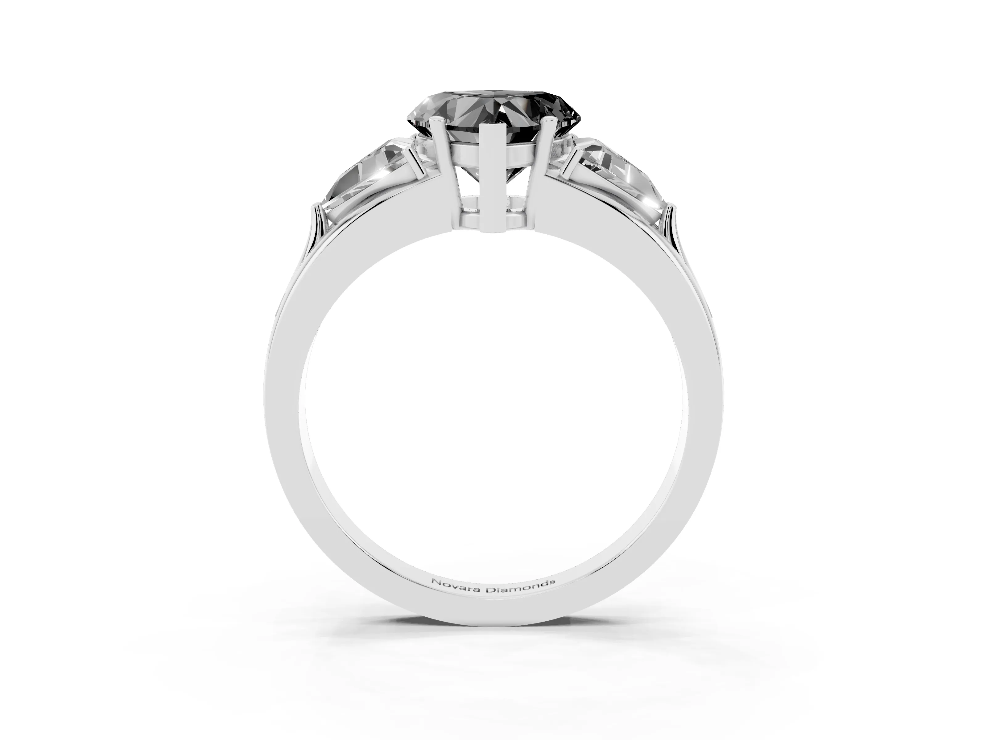 Fancy Black Heart Cut Diamond Three-Stone Ring Set in Platinum with Trillion Side Stones and Split Shank