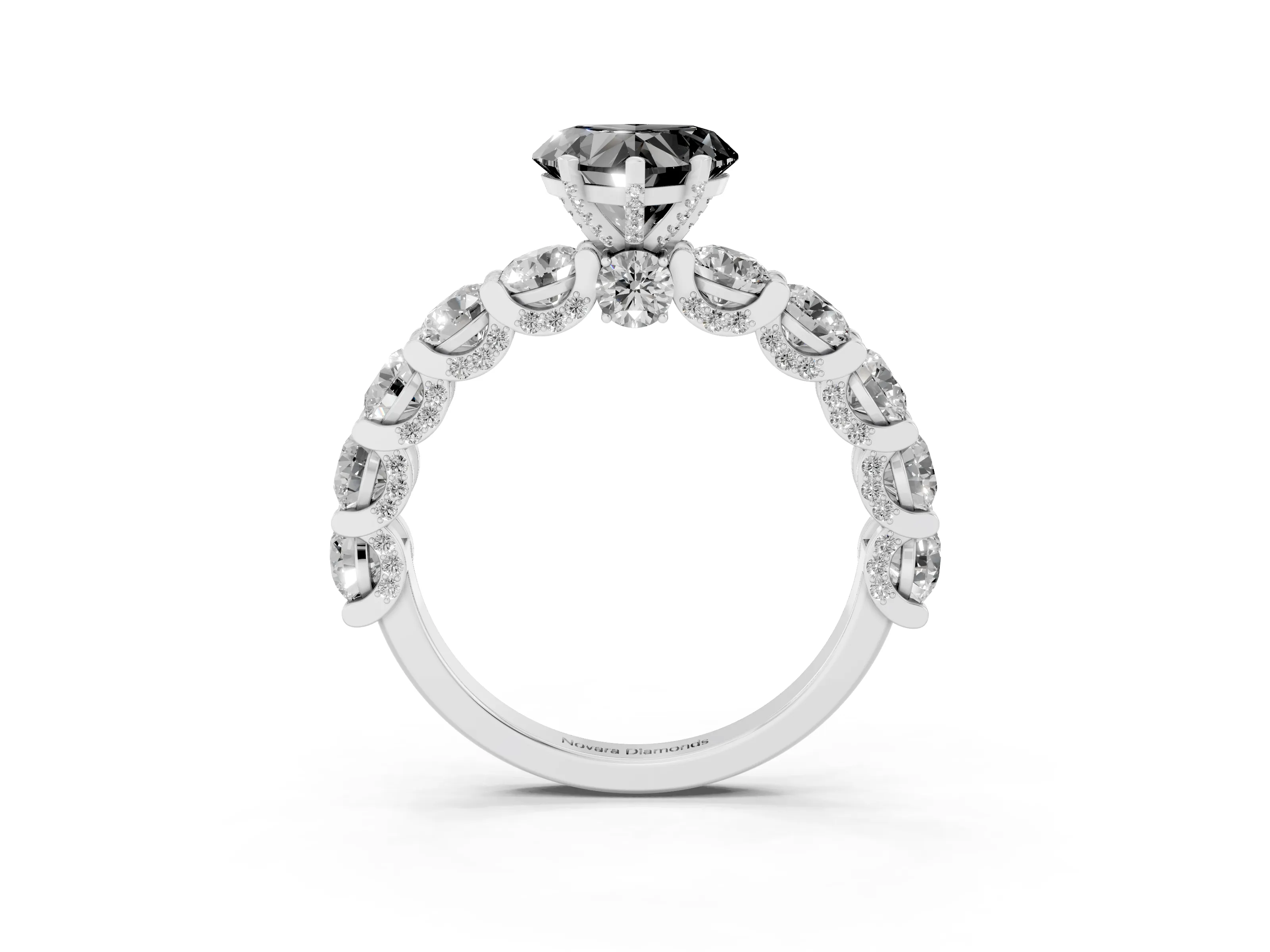 Fancy Black Heart Cut Diamond Side Stone Ring Set in Silver with Alternating Round and Oval Side Stones