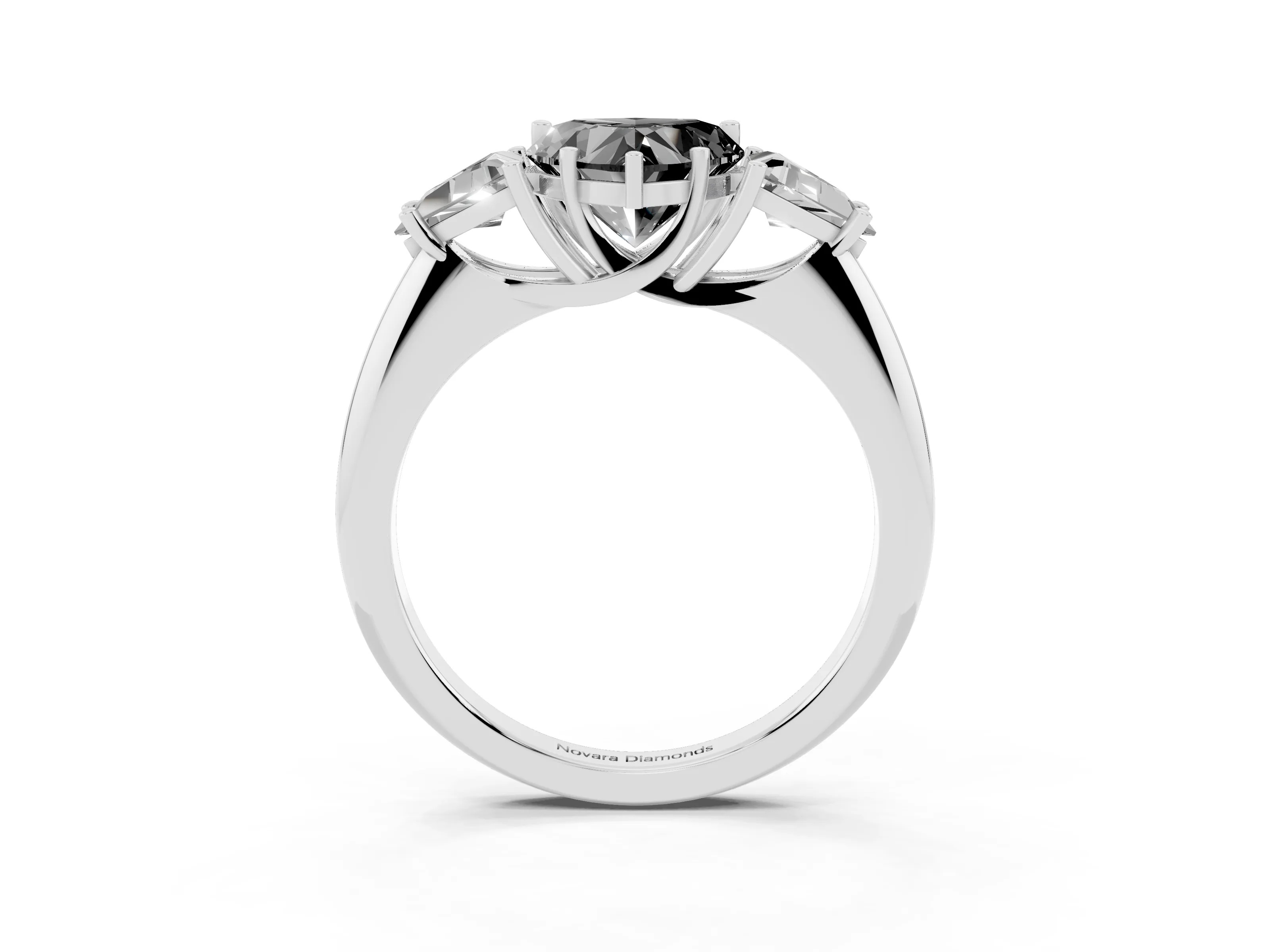 Fancy Black Heart Cut Diamond Three-Stone Engagement Ring Set in Silver with Trillion Side Stones
