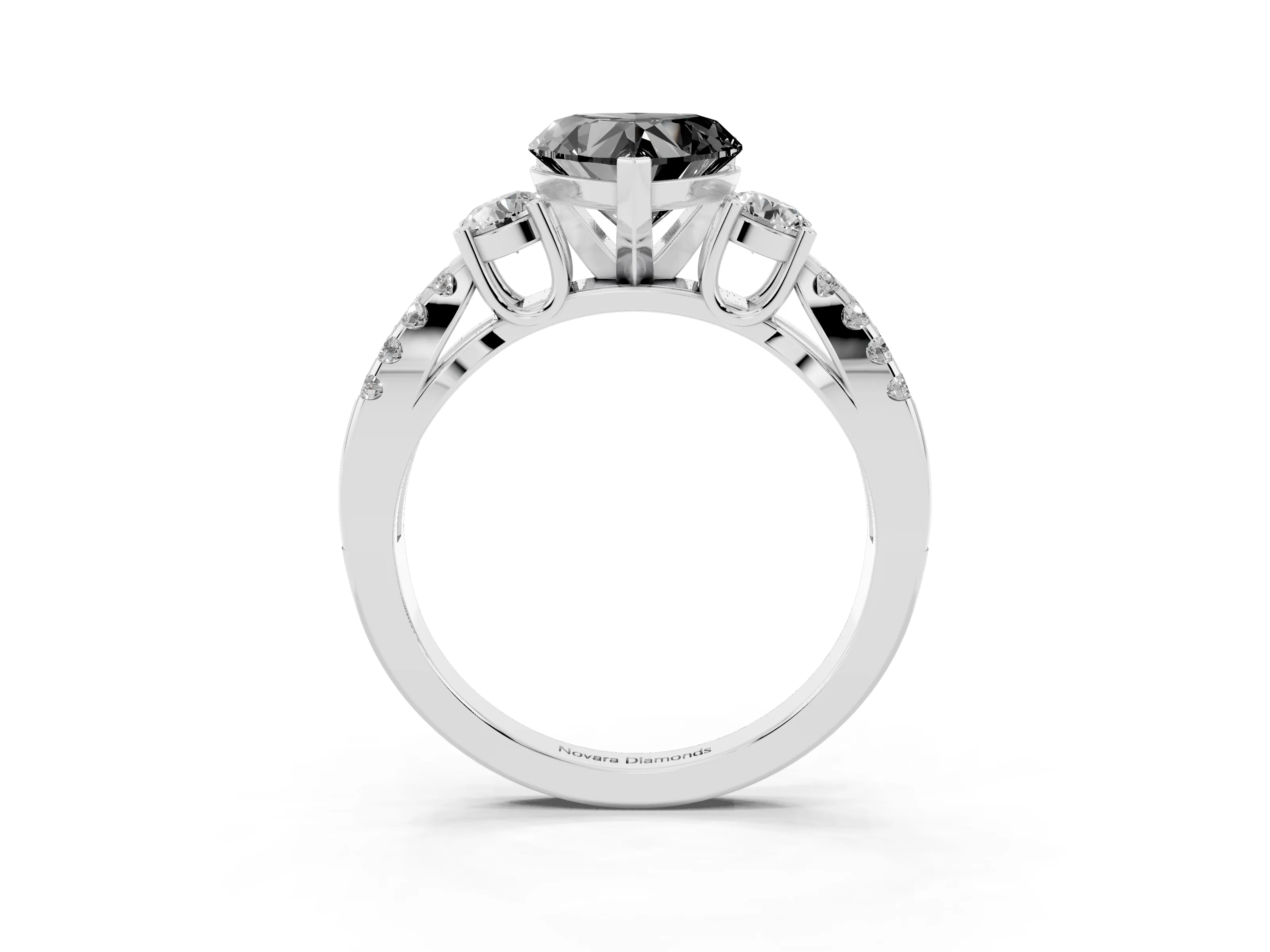 Fancy Black Heart Cut Diamond Three-Stone Ring Set in White gold with Pavé Split Shank and Prong Setting