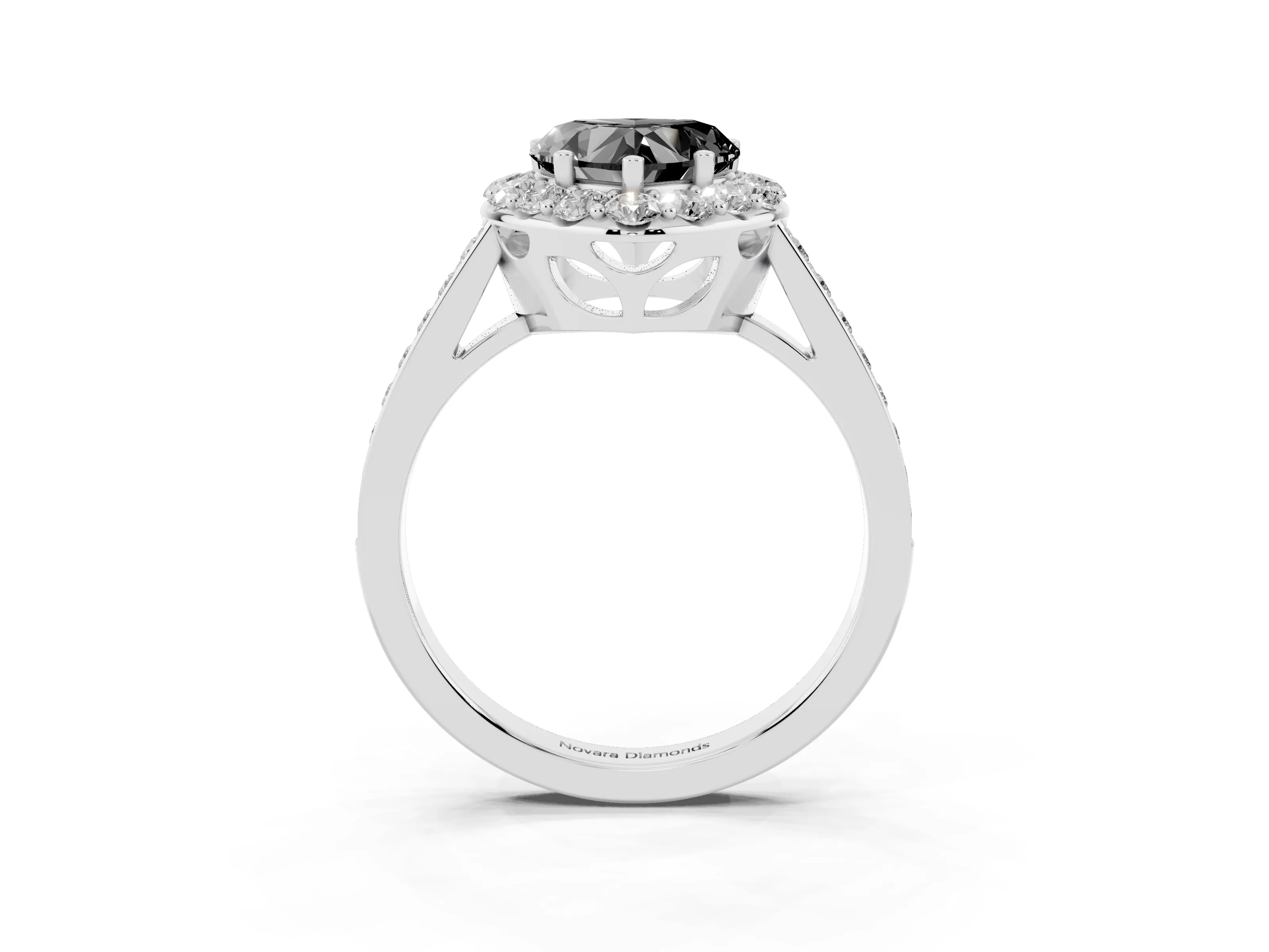 Fancy Black Heart Cut Diamond Floral Halo Ring Set in Platinum with Pavé Band and Prong Setting