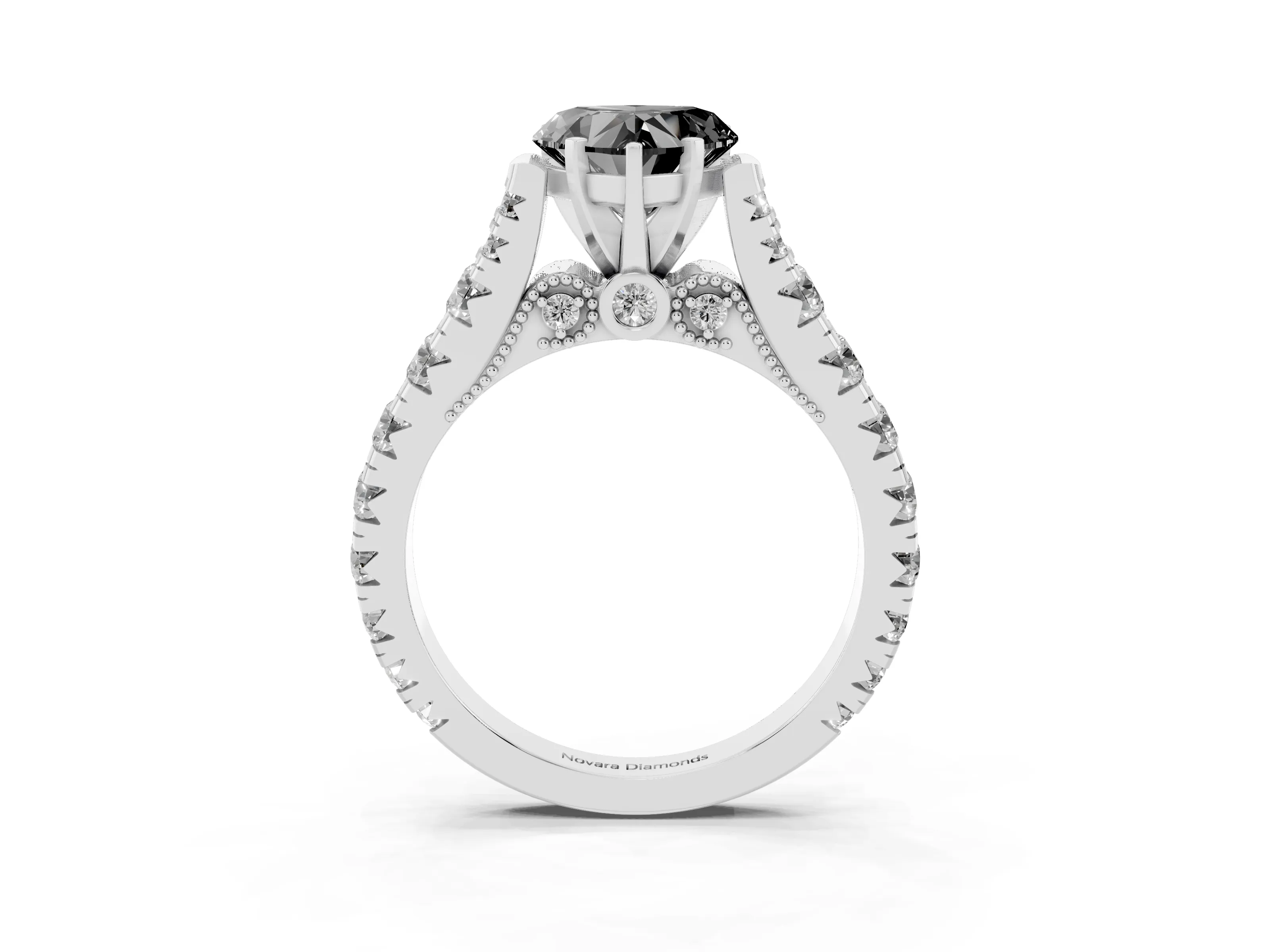 Fancy Black Heart Cut Diamond Classic Solitaire Ring Set in White gold with Pavé Band and Prong Setting
