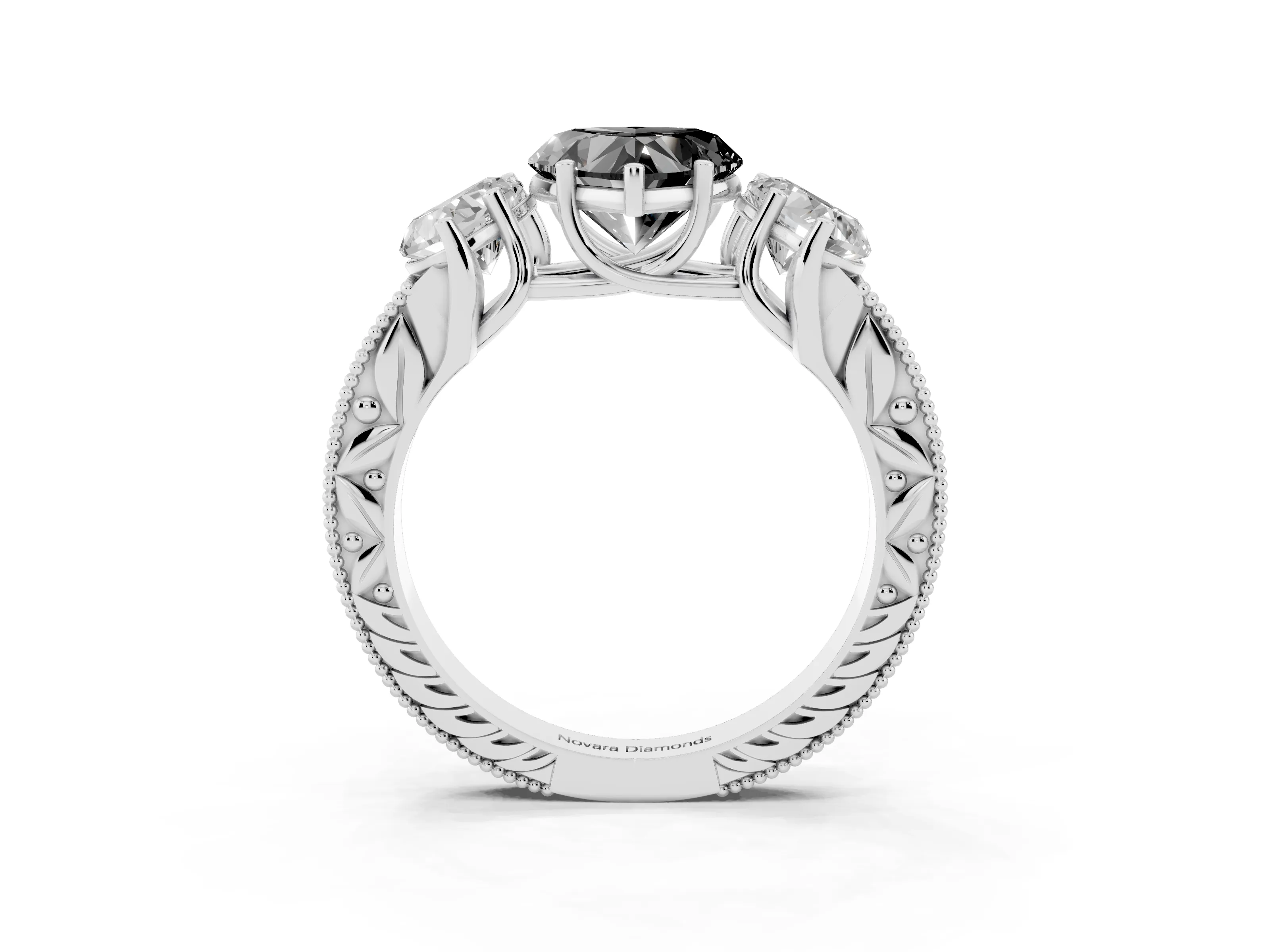 Fancy Black Heart Cut Diamond Three-Stone Engagement Ring Set in Silver with Milgrain Pavé Band