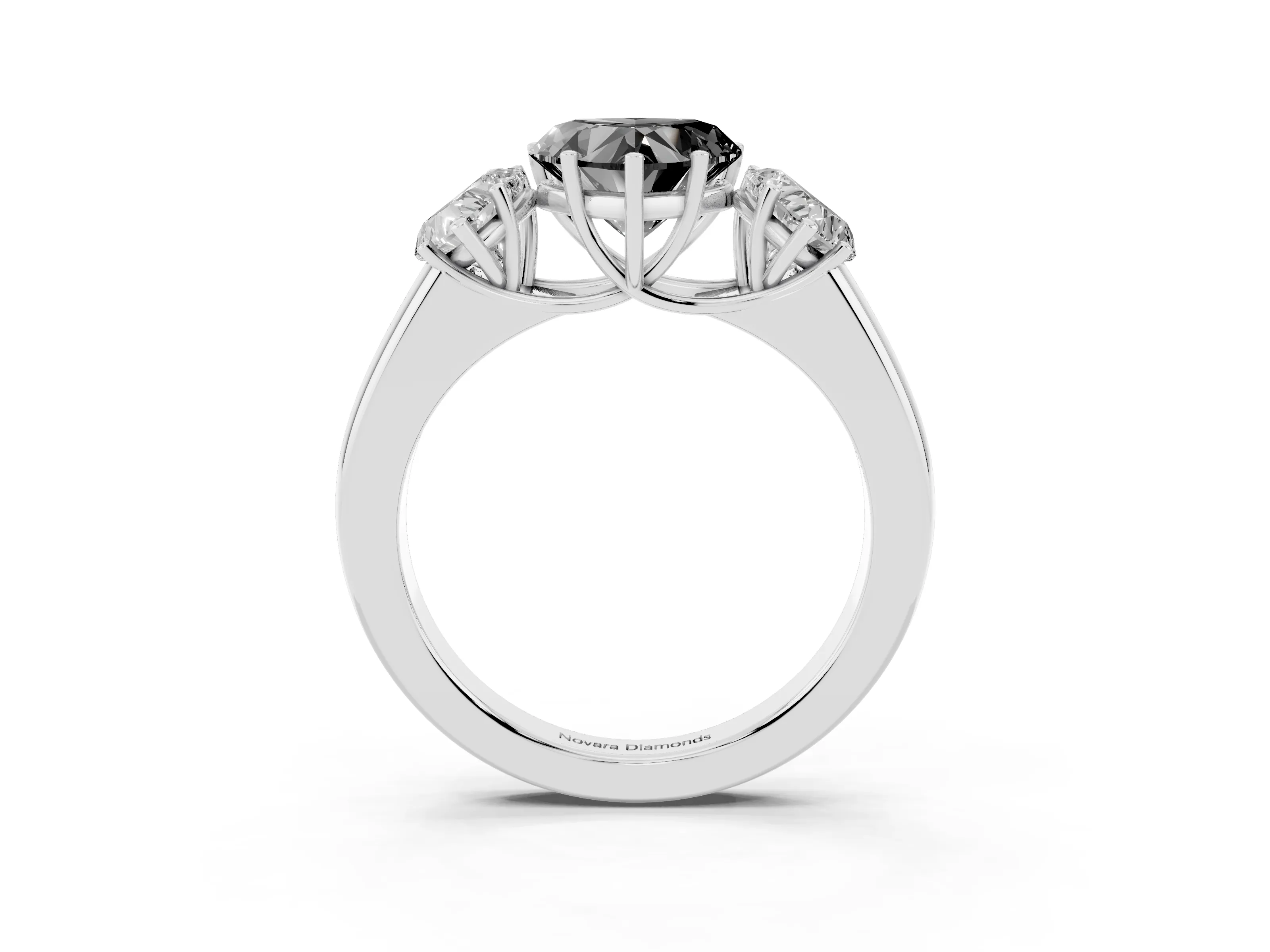 Fancy Black Three-Stone Heart Cut Diamond Ring Set in Silver with Matching Prong Settings and Plain Band