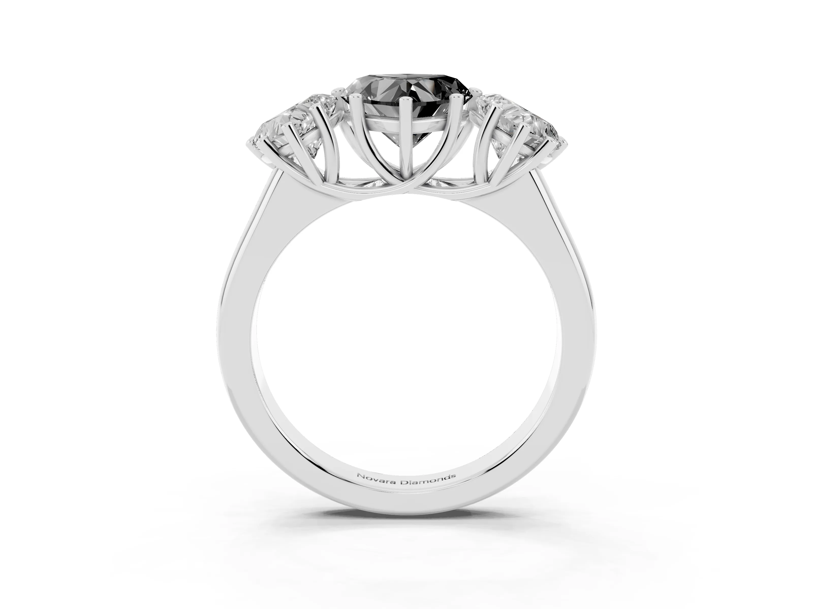 Fancy Black Heart Cut Diamond Three-Stone Ring Set in Platinum with Plain Polished Band