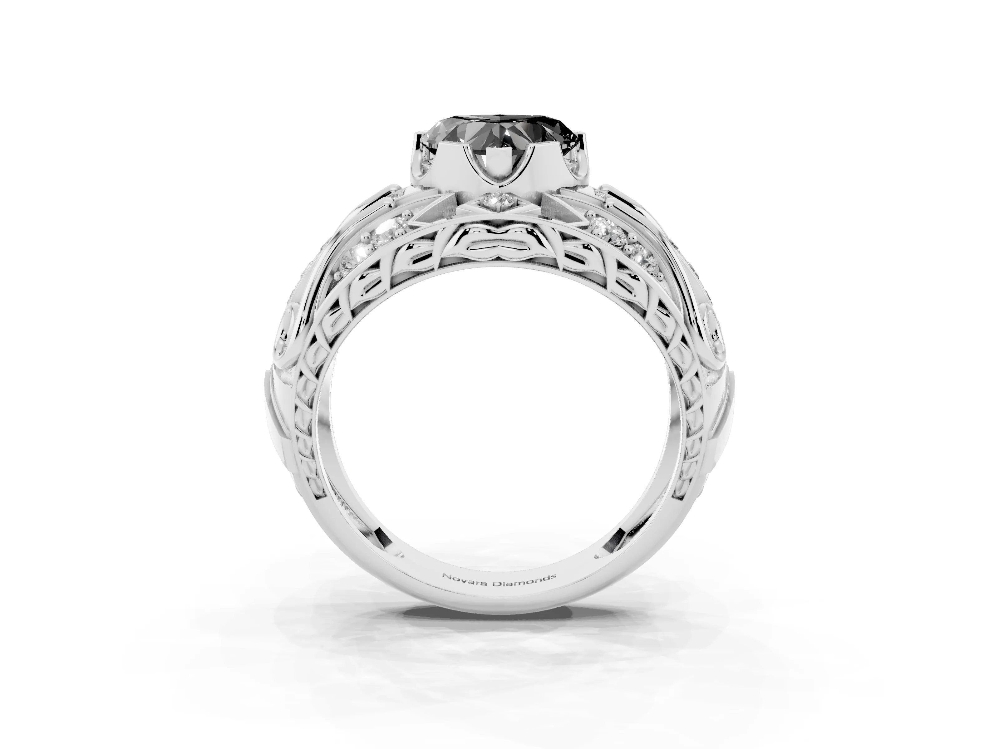 Fancy Black Heart Cut Diamond Art Deco Ring Set in Silver with Pavé Split Shank