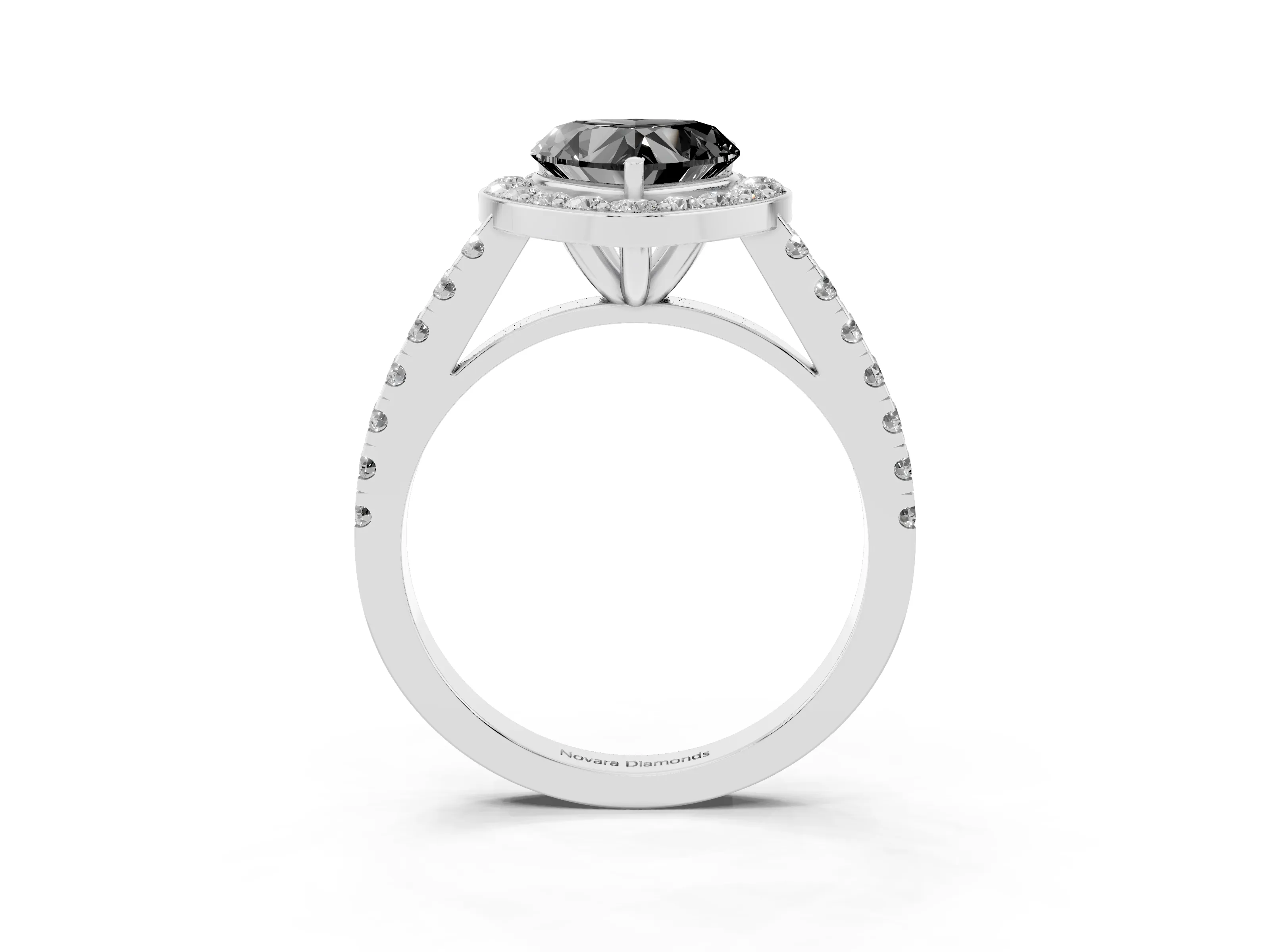 Fancy Black Heart Cut Diamond Halo Ring Set in Platinum with Round Pavé Split Shank and Prong Setting