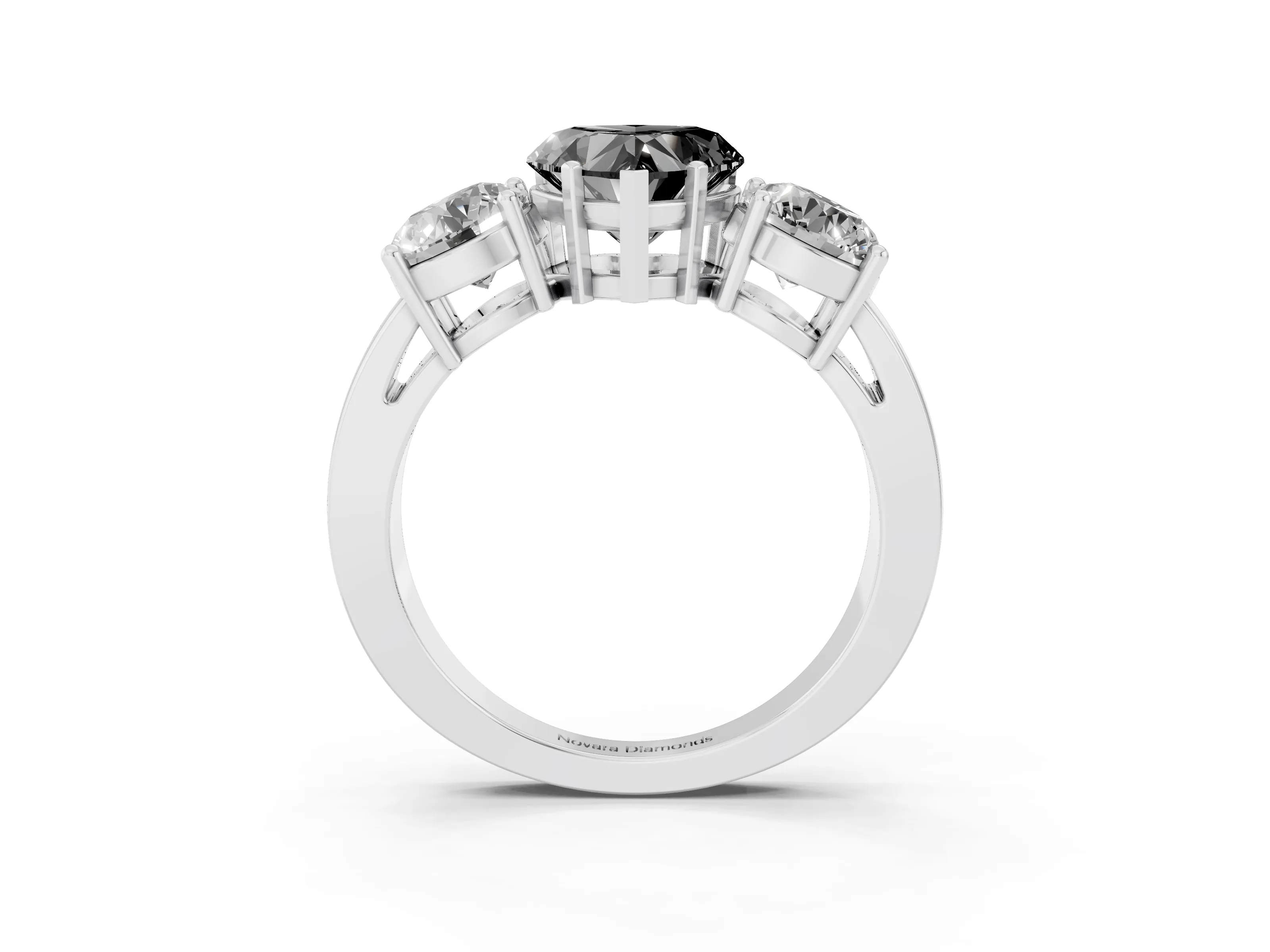 Fancy Black Heart Cut Diamond Three-Stone Ring Set in Silver with Round Side Stones and Classic Band