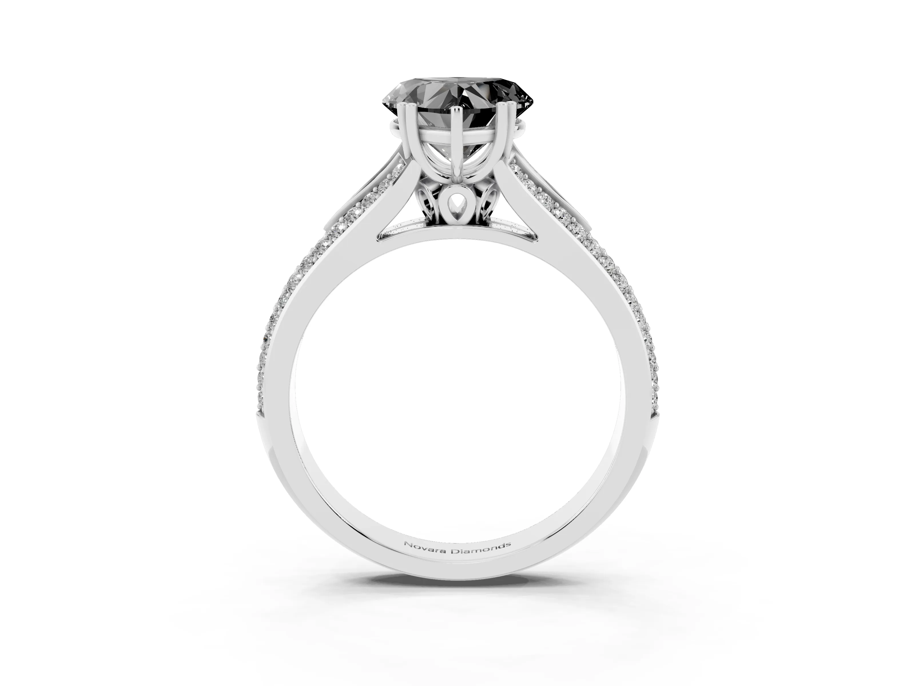 Fancy Black Heart Cut Diamond Split Shank Pavé Engagement Ring Set in White gold with Prong-Set Center Stone