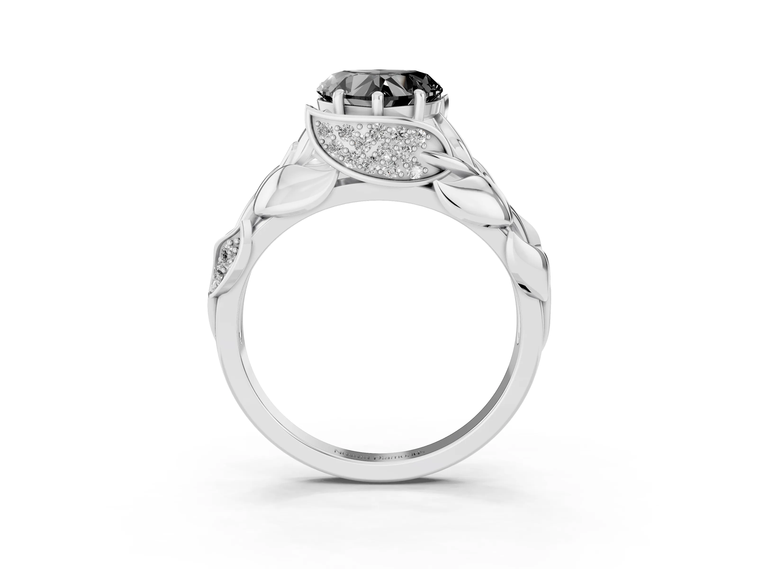 Fancy Black Heart Cut Diamond Leaf-Inspired Engagement Ring Set in Silver with Round Accents