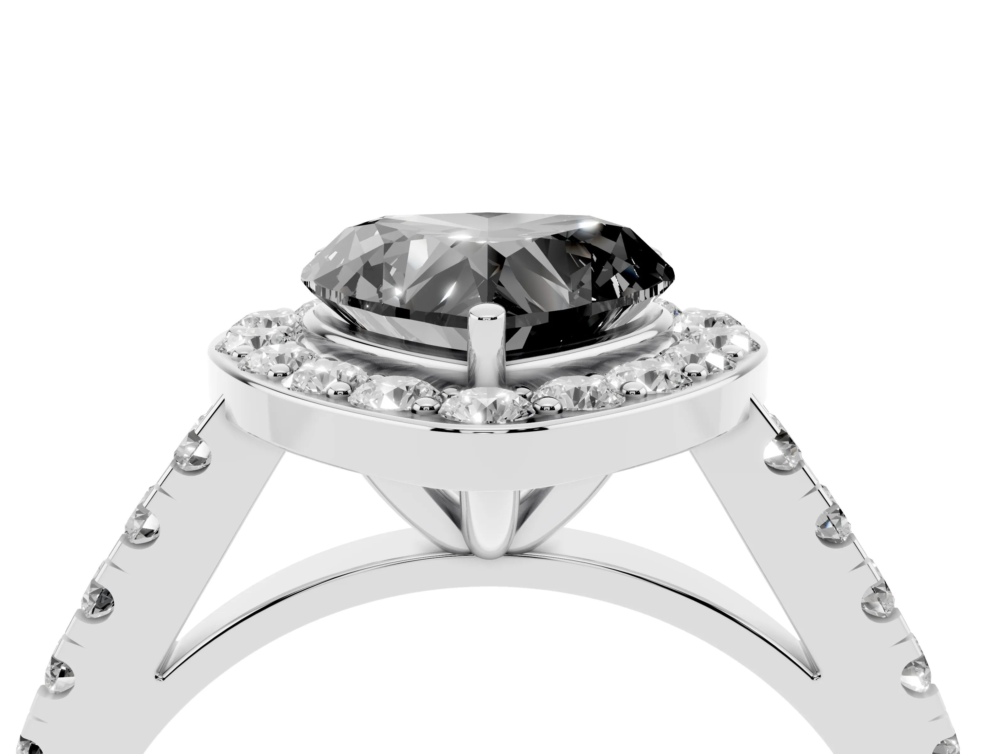 Fancy Black Heart Cut Diamond Halo Ring Set in Platinum with Round Pavé Split Shank and Prong Setting
