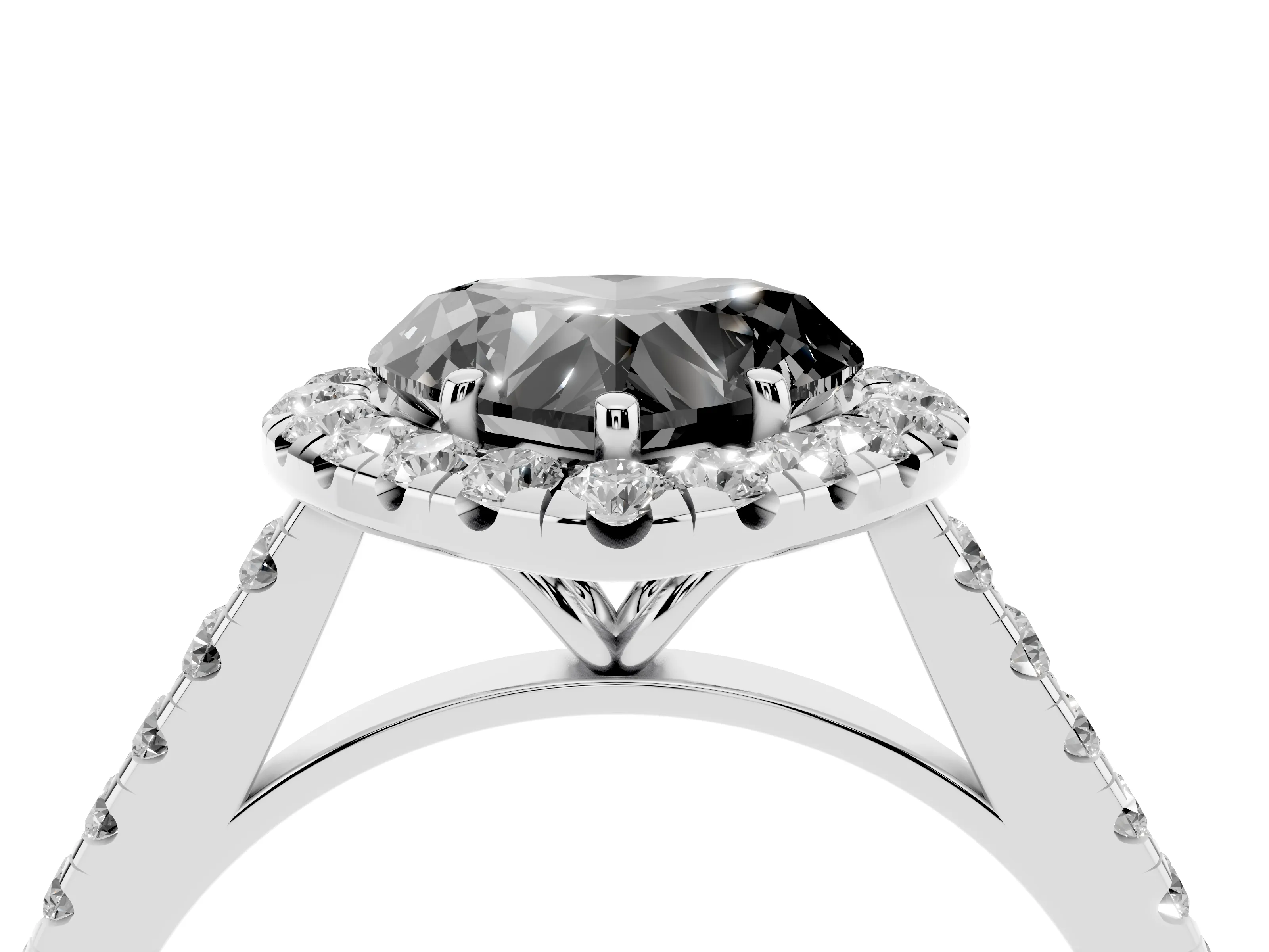 Fancy Black Heart Cut Diamond Halo Pavé Engagement Ring Set in White gold with Prong Setting