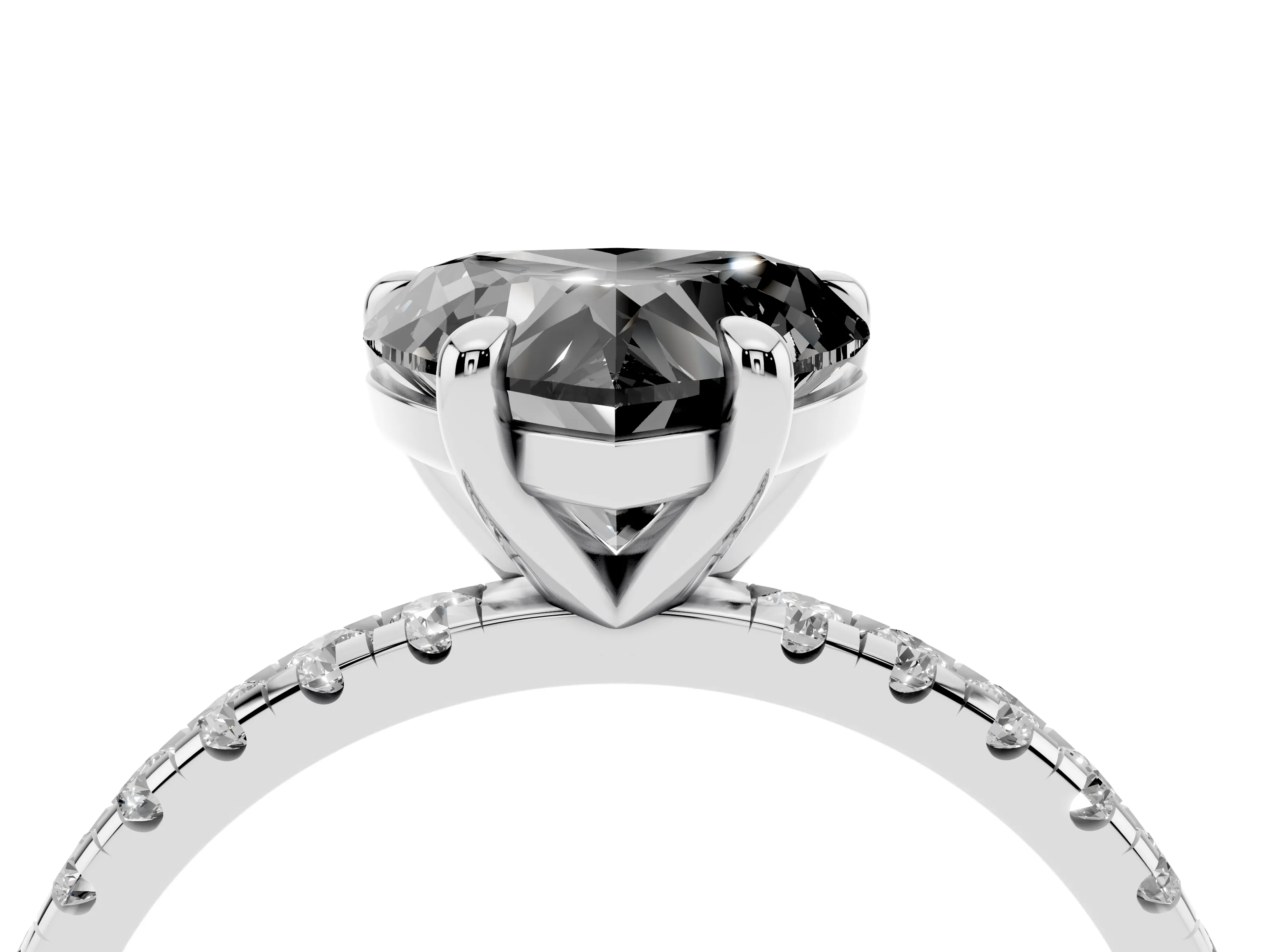 Fancy Black Heart Cut Diamond Brilliant Solitaire Ring Set in White gold with Pavé Band and Prong Setting