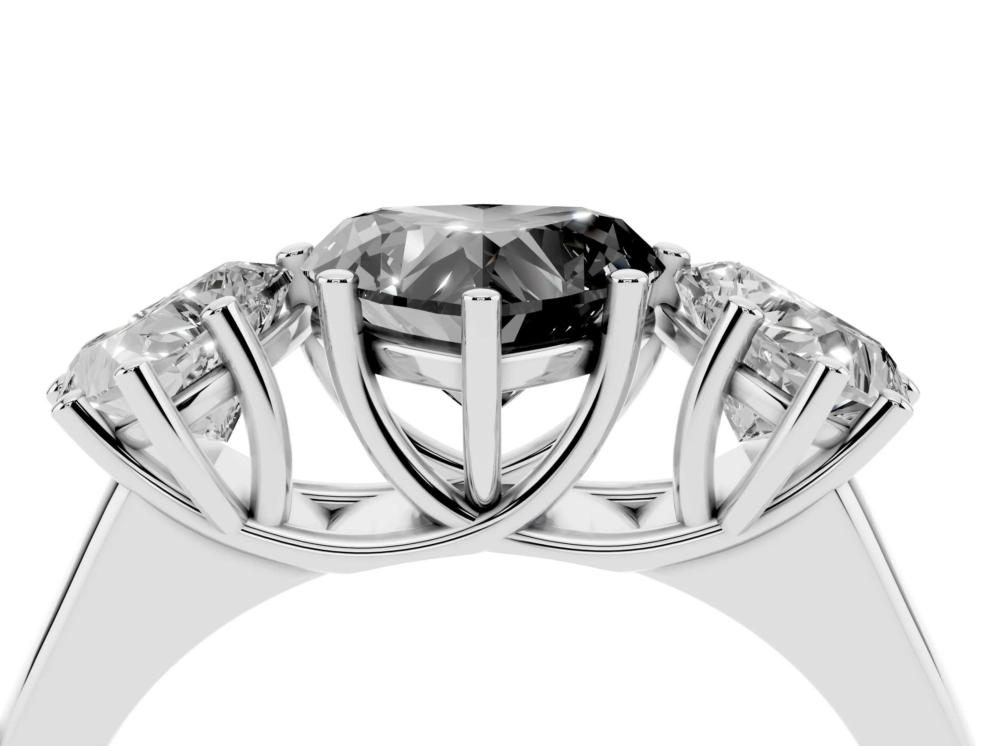 Fancy Black Heart Cut Diamond Three-Stone Ring Set in Platinum with Plain Polished Band