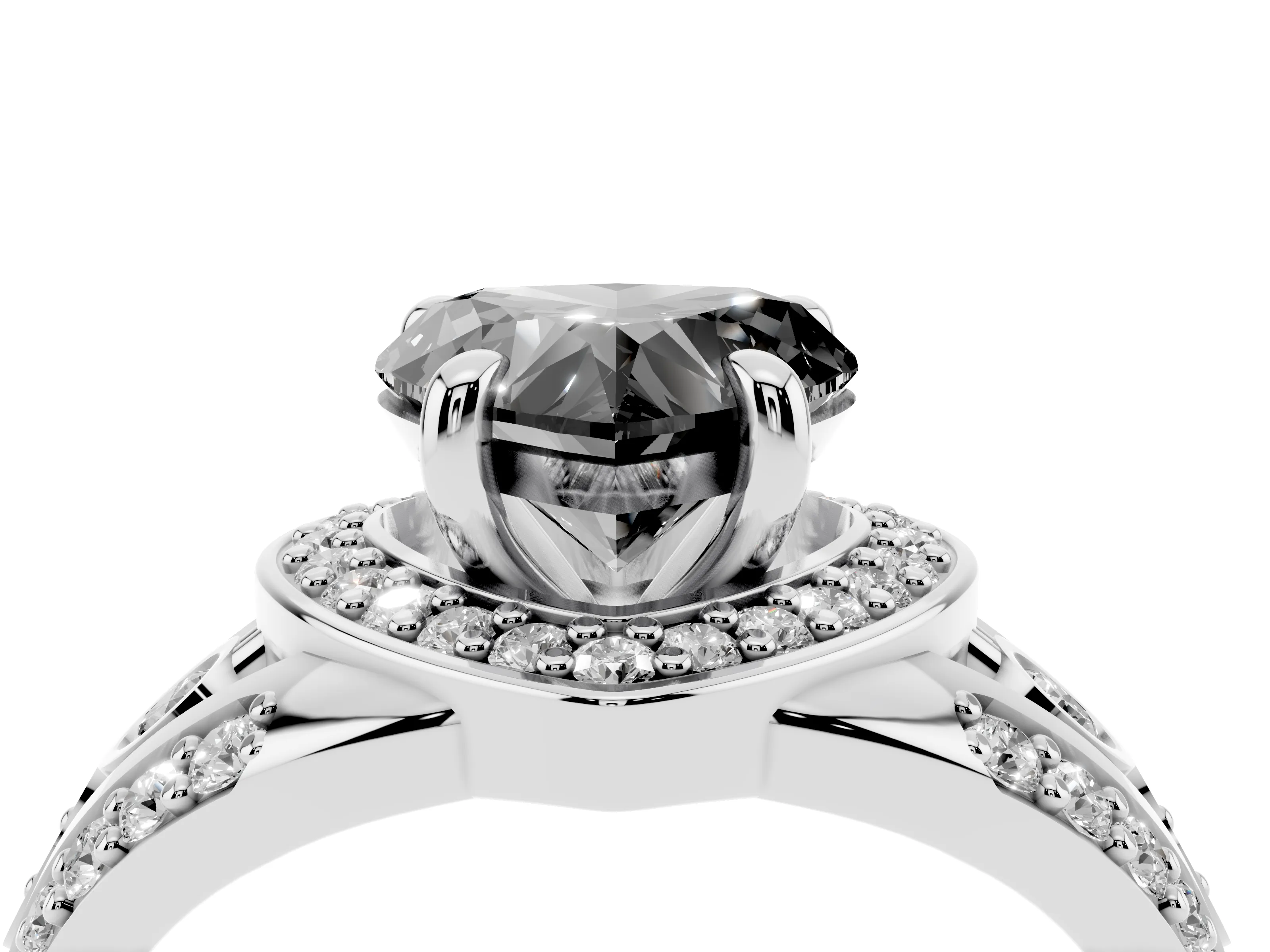 Fancy Black Heart Cut Diamond Halo Ring Set in White gold with Pavé Split Shank and Bezel Accents