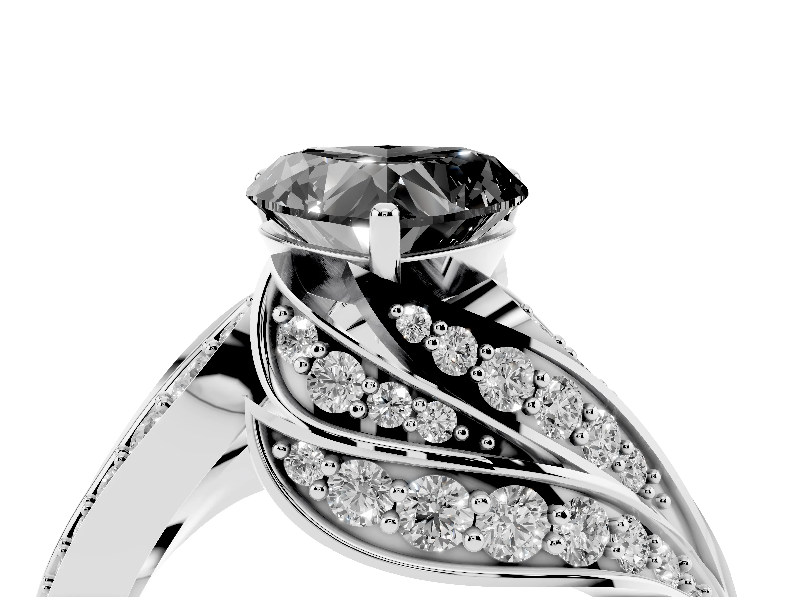 Fancy Black Heart Cut Diamond Solitaire Ring Set in Silver with Layered Twist Pavé Band