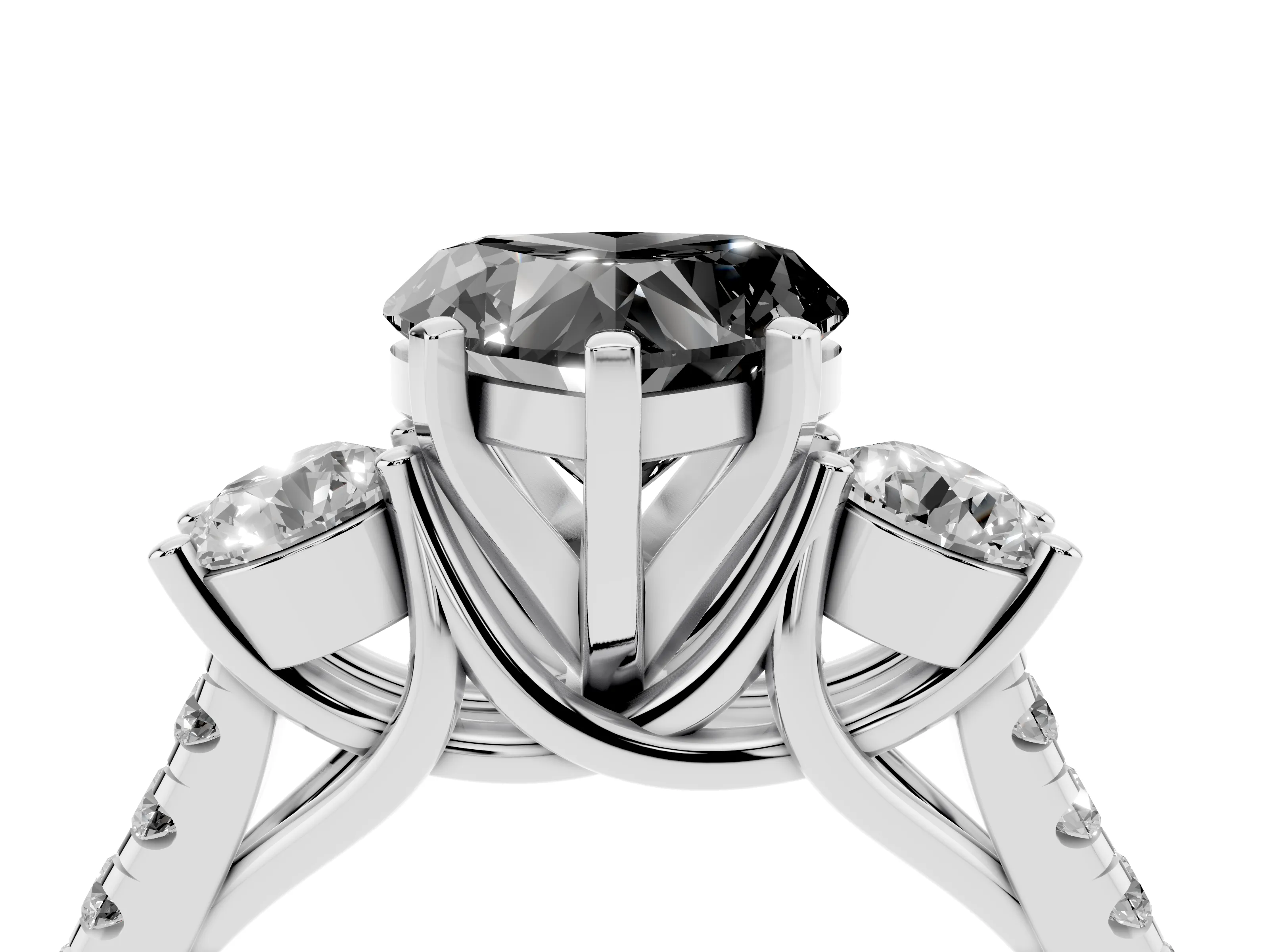 Fancy Black Three-Stone Heart Cut Diamond Pavé Band Ring Set in White gold with Prong-Set Trio