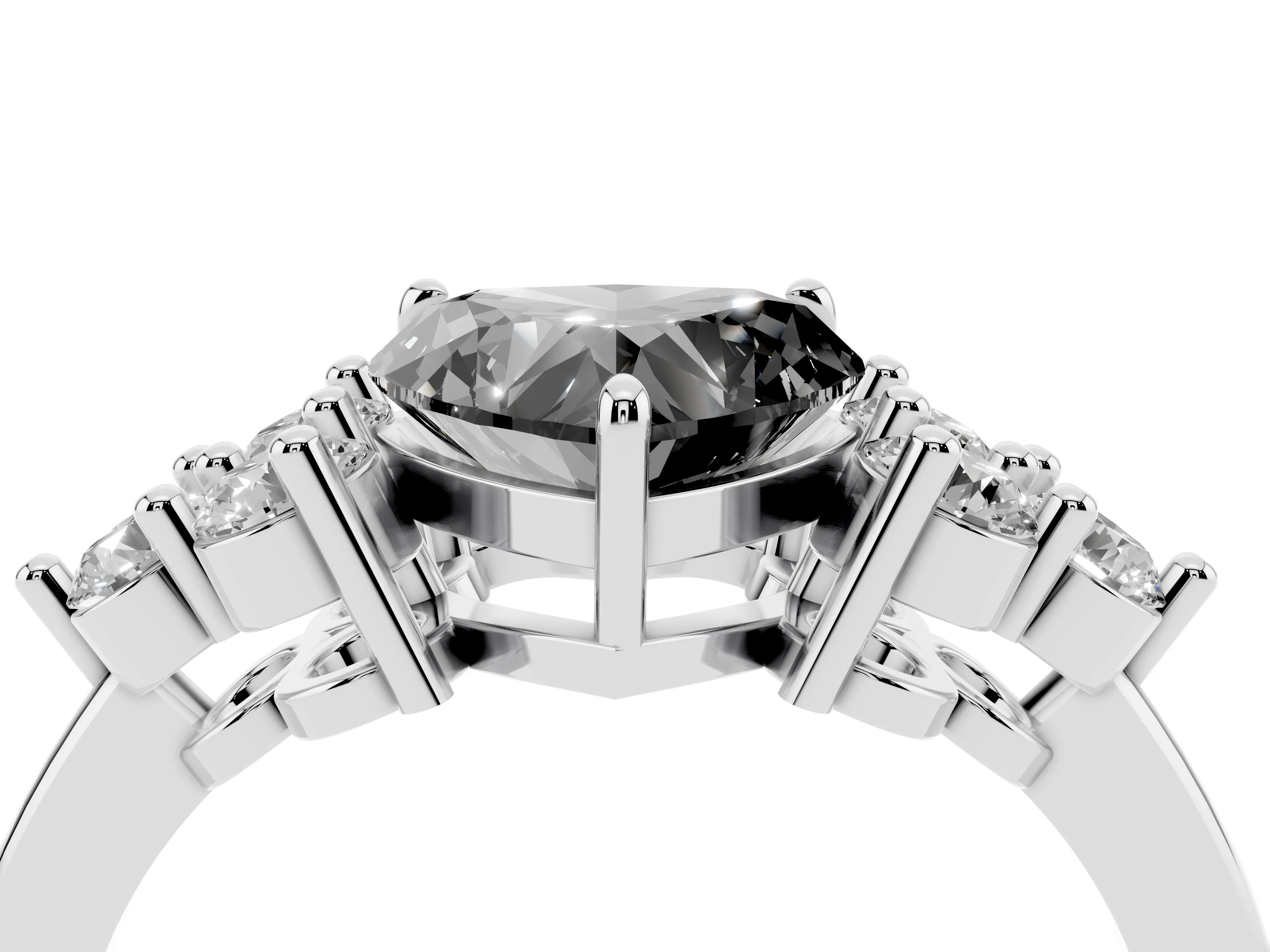 Fancy Black Heart Cut Diamond Solitaire Ring Set in Silver with Cluster Accents on Each Side